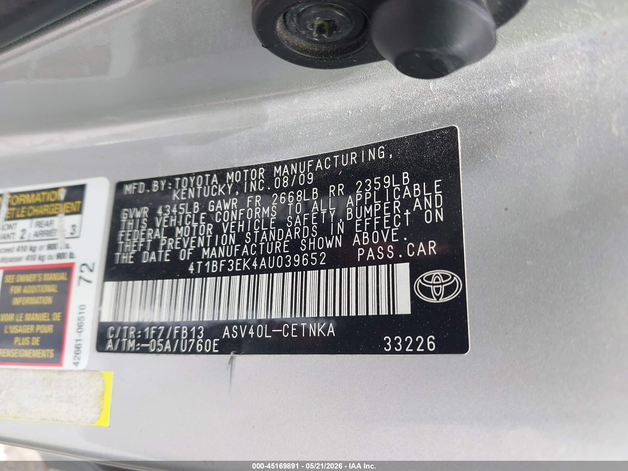 2010 Toyota Camry Le Серебряный vin: 4T1BF3EK4AU039652