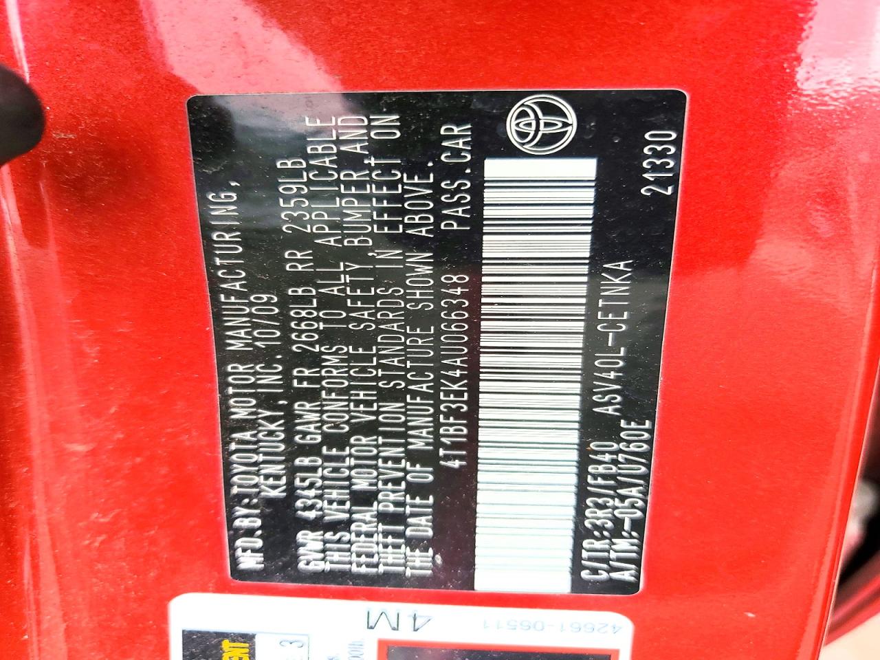 2010 Toyota Camry Le Red vin: 4T1BF3EK4AU066348
