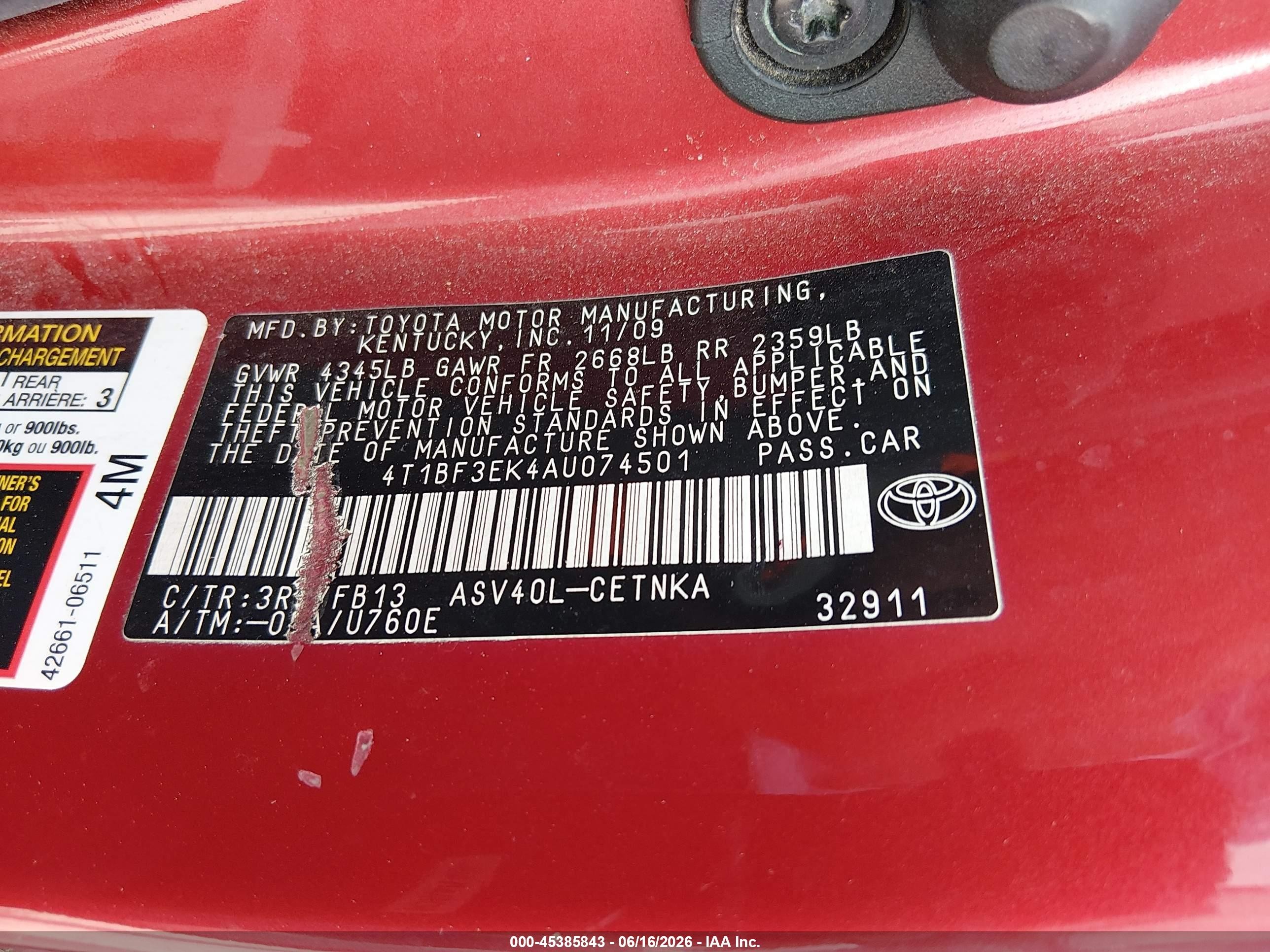 2010 Toyota Camry Le Красный vin: 4T1BF3EK4AU074501