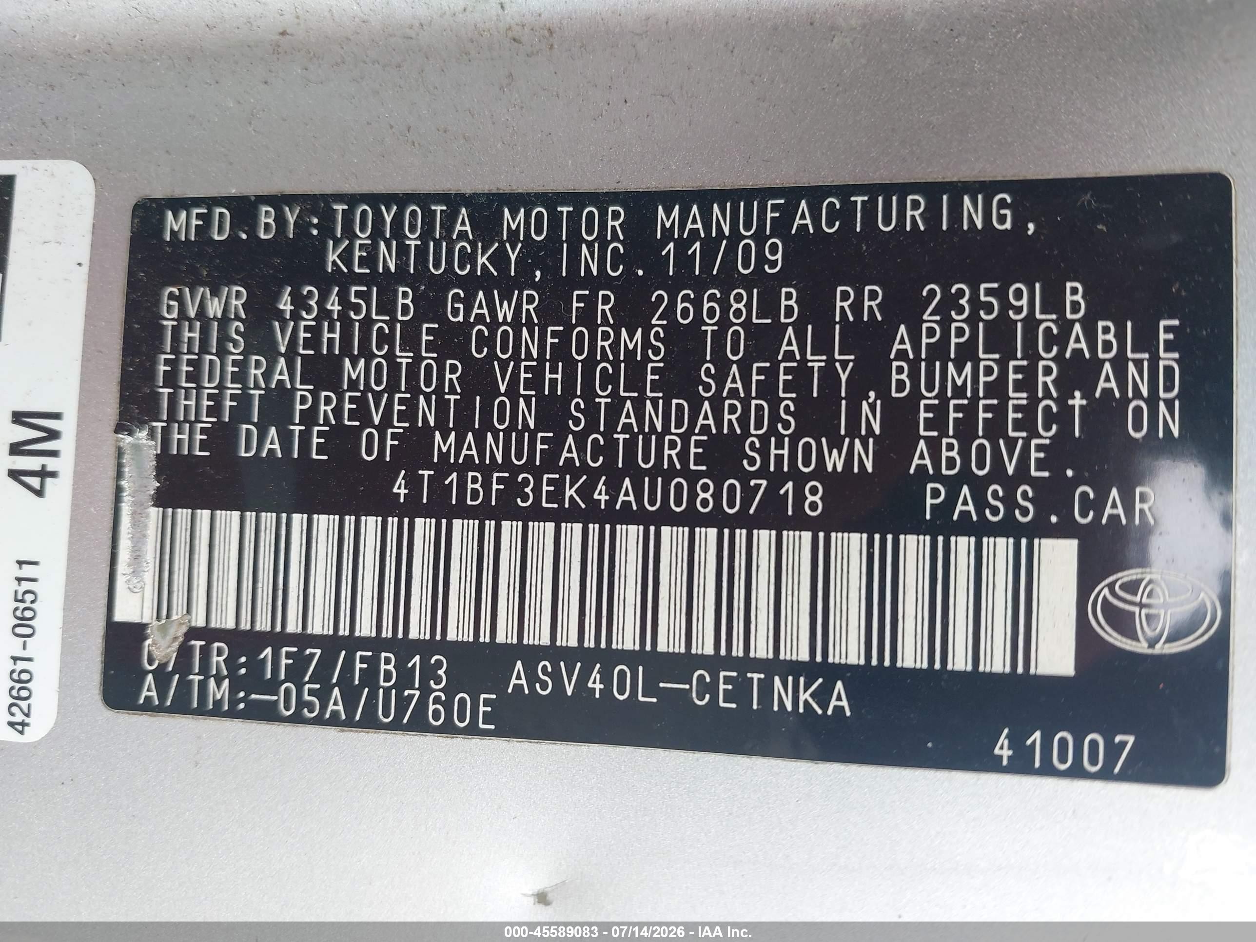 2010 Toyota Camry   Silver vin: 4T1BF3EK4AU080718
