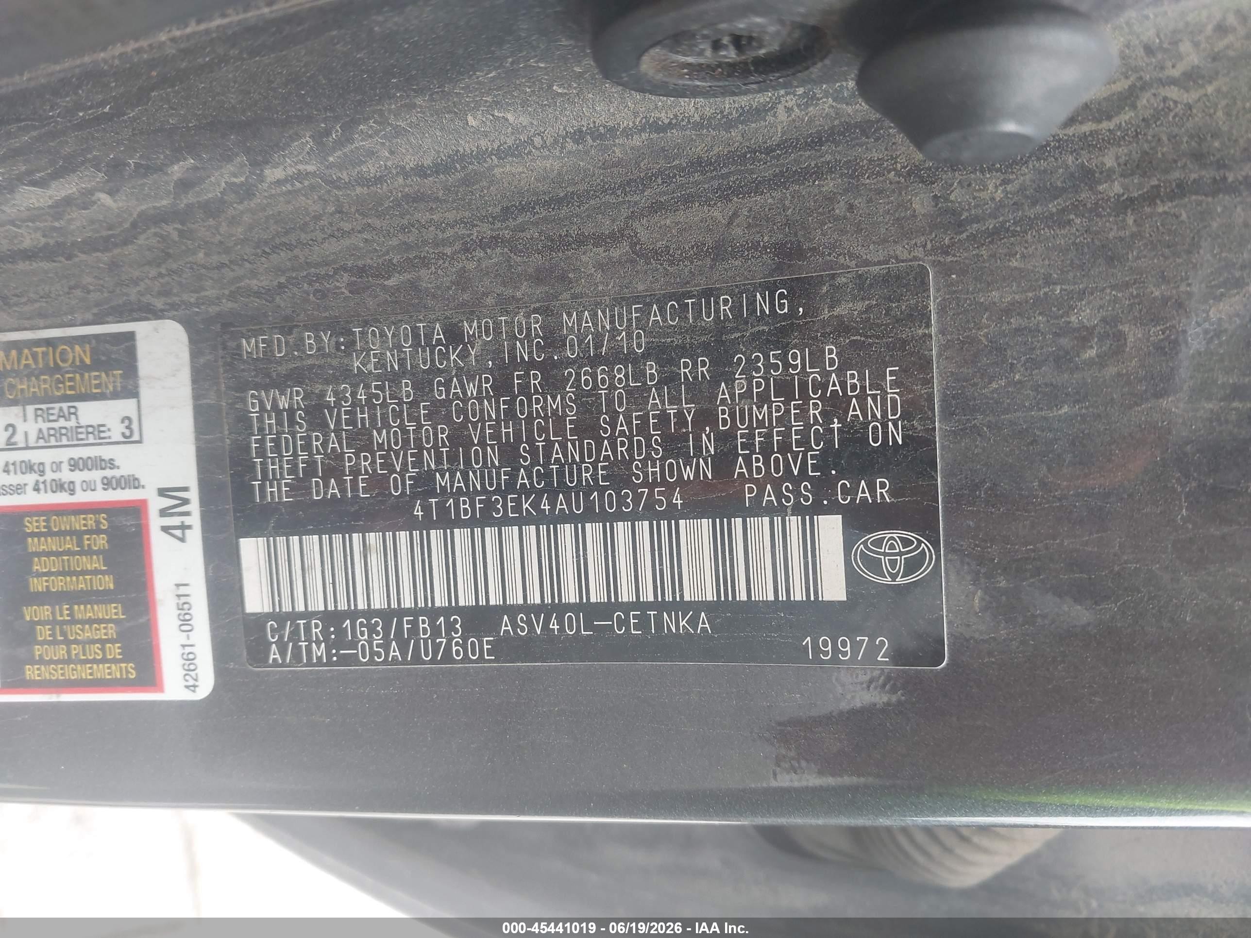 2010 Toyota Camry Le Gray vin: 4T1BF3EK4AU103754