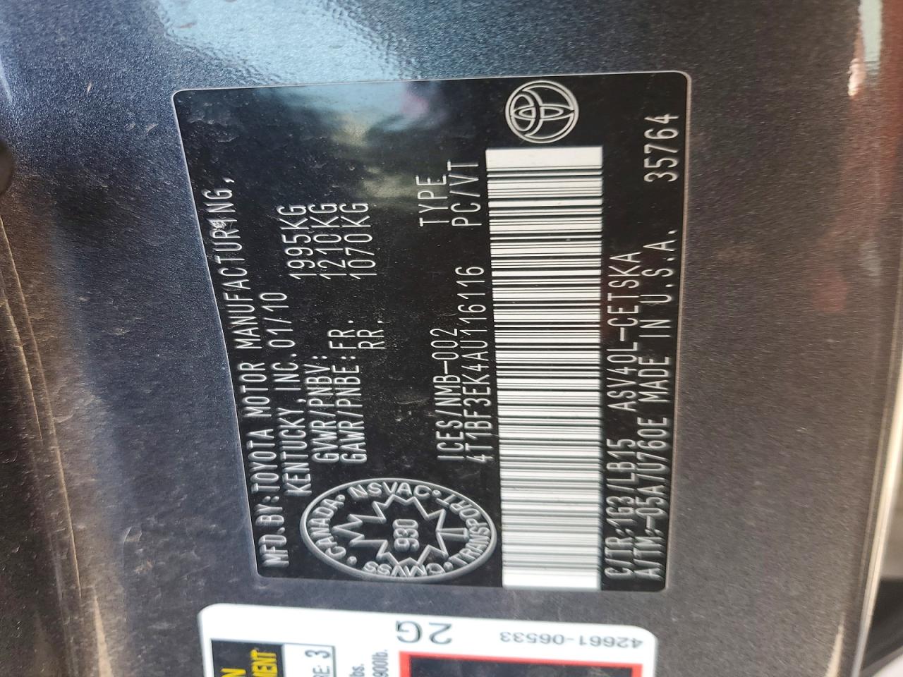 2010 Toyota Camry Base Серый vin: 4T1BF3EK4AU116116