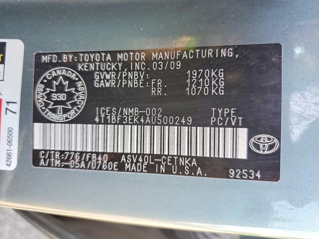 2010 Toyota Camry Base Green vin: 4T1BF3EK4AU500249