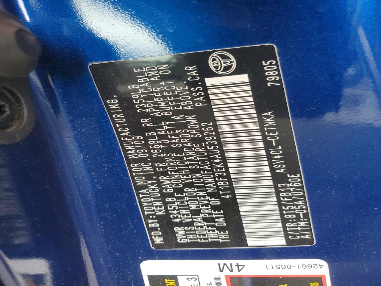 2010 Toyota Camry Le Blue vin: 4T1BF3EK4AU539262
