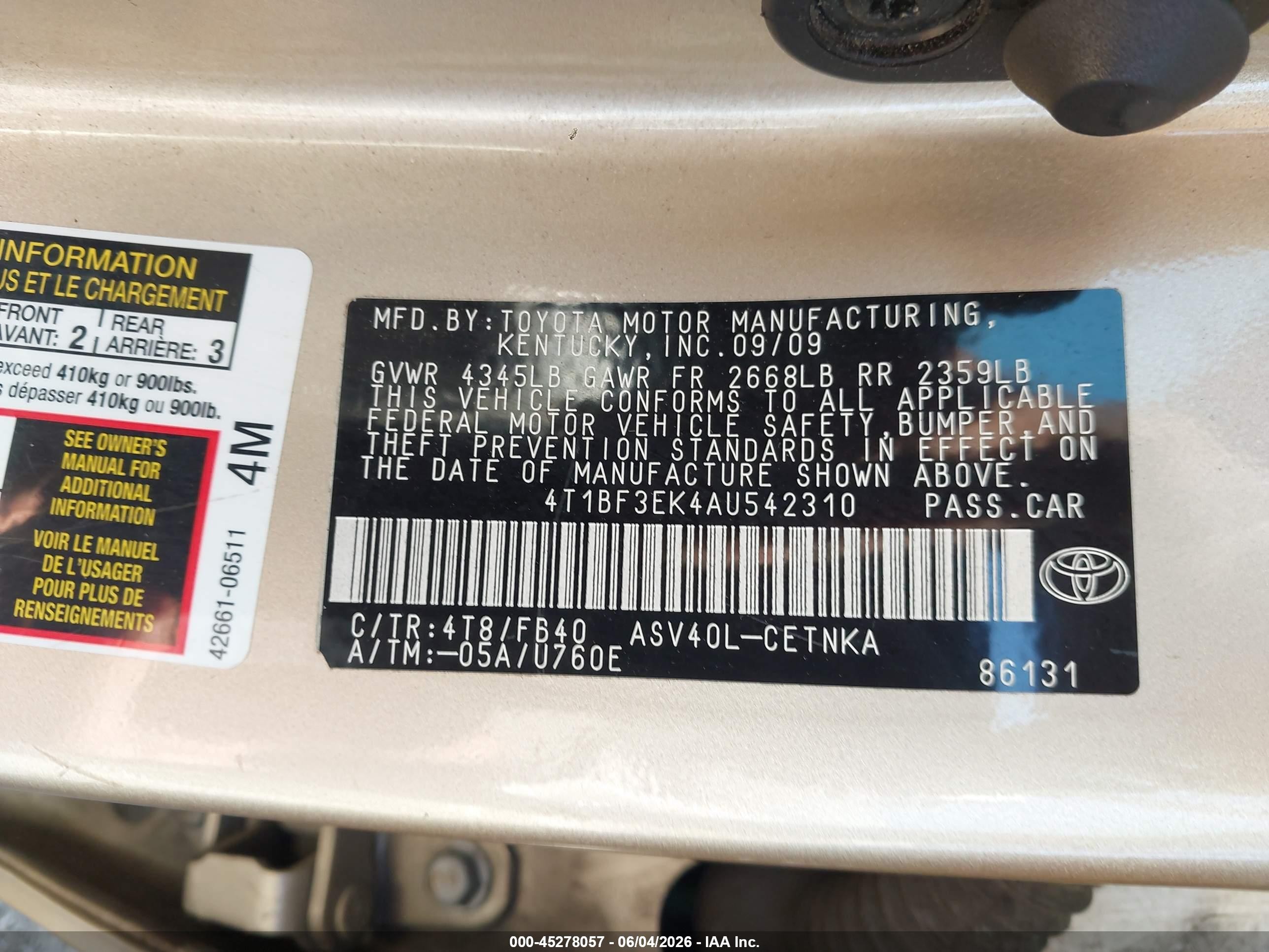 2010 Toyota Camry Le Gold vin: 4T1BF3EK4AU542310