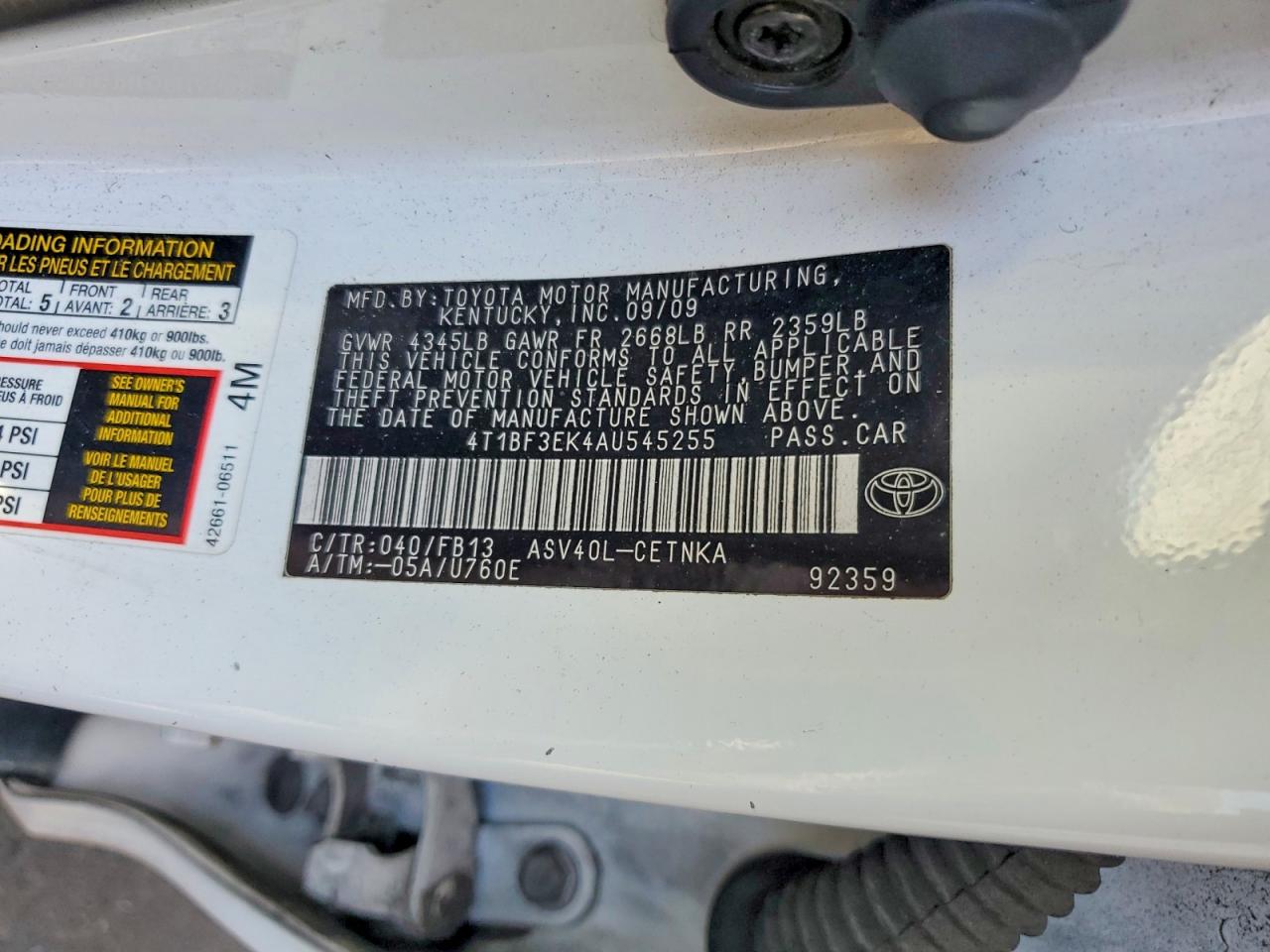 2010 Toyota Camry Le White vin: 4T1BF3EK4AU545255