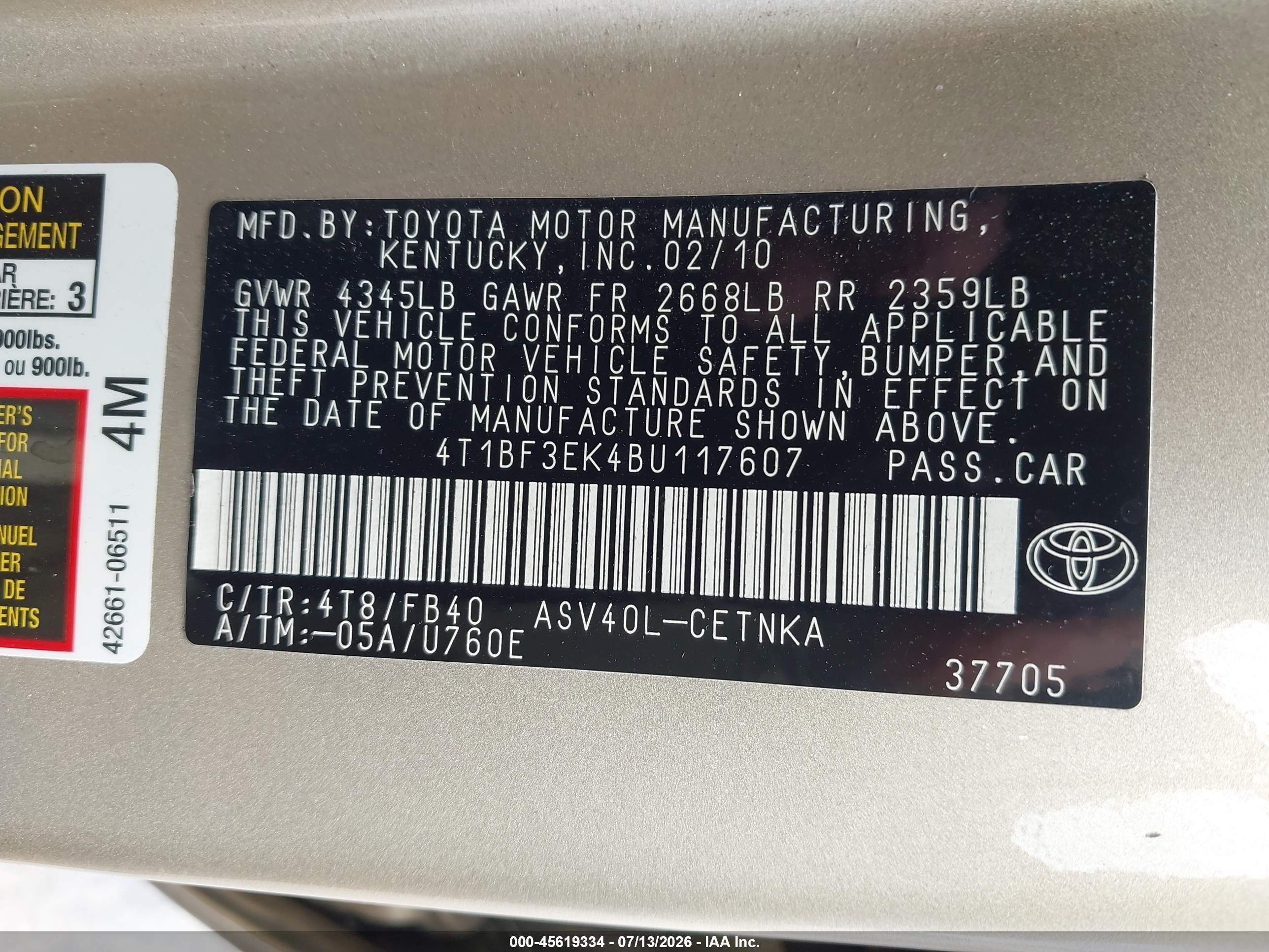 2011 Toyota Camry Le Gold vin: 4T1BF3EK4BU117607