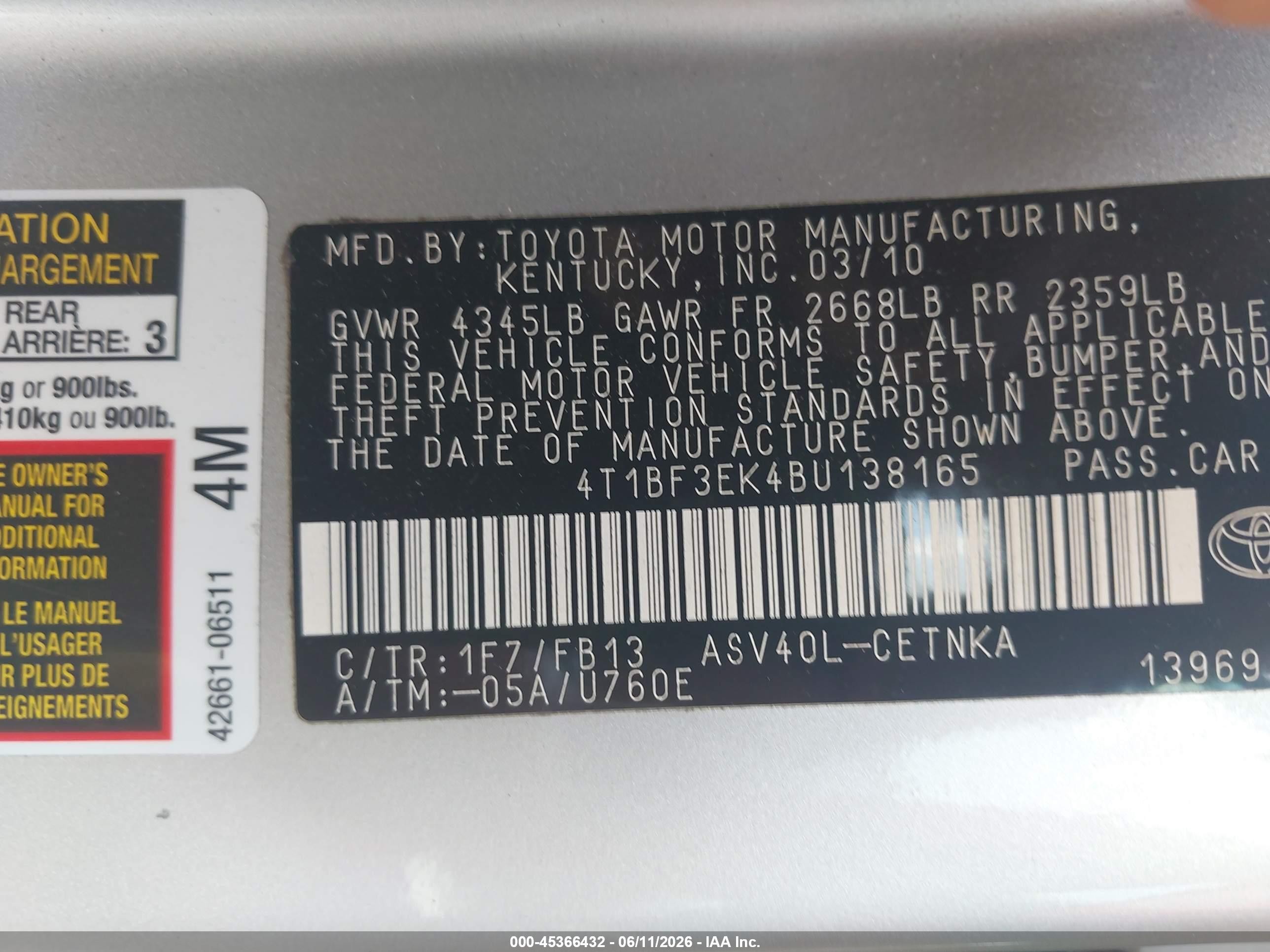 2011 Toyota Camry Le Silver vin: 4T1BF3EK4BU138165