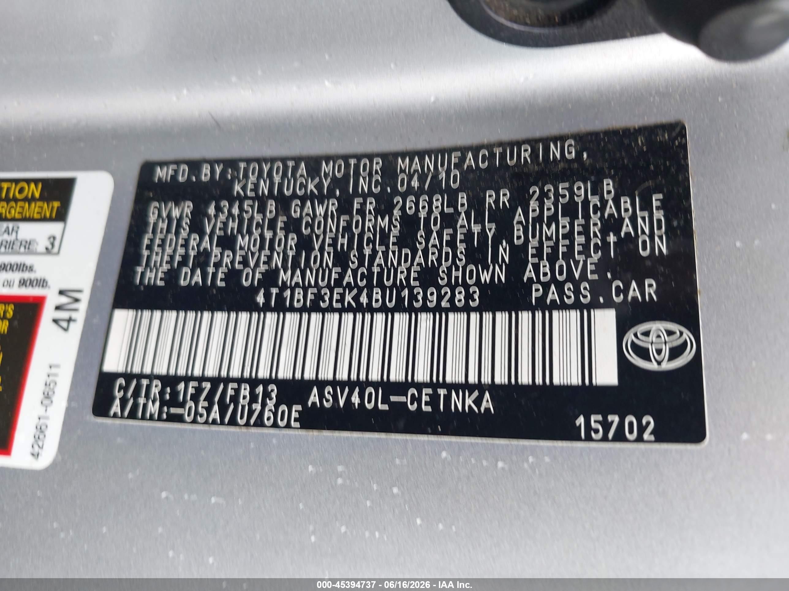 2011 Toyota Camry Le Серый vin: 4T1BF3EK4BU139283