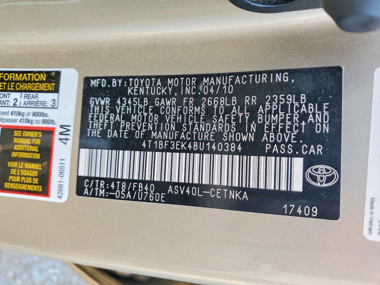2011 Toyota Camry Gold vin: 4T1BF3EK4BU140384