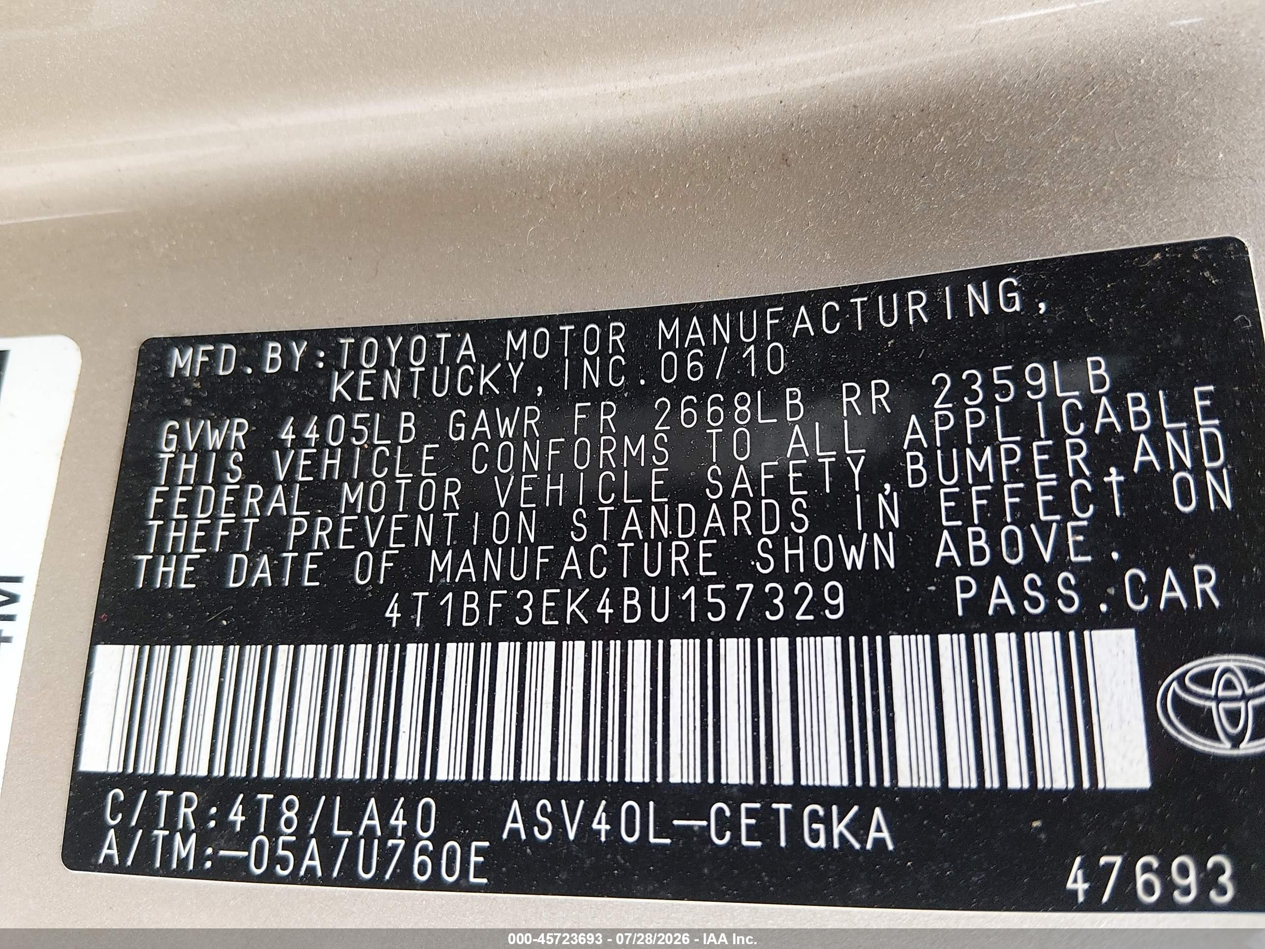 2011 Toyota Camry Xle Champagne vin: 4T1BF3EK4BU157329