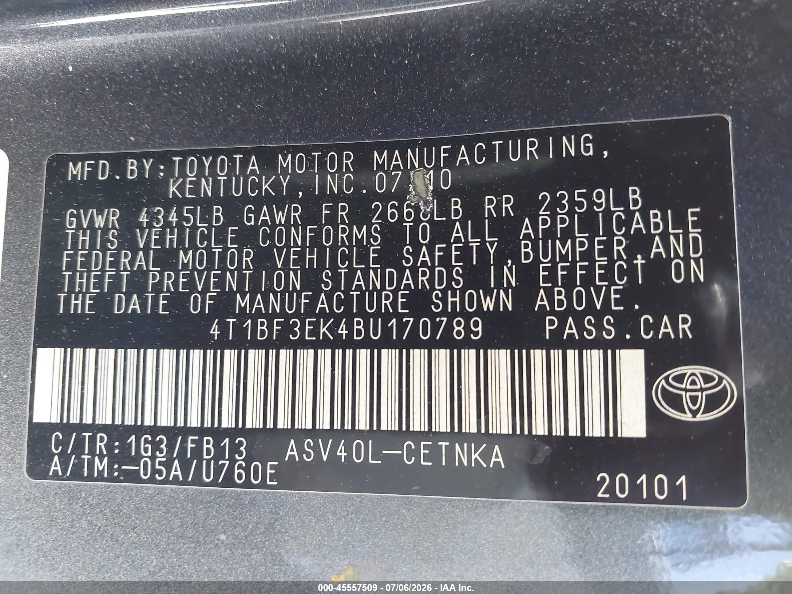 2011 Toyota Camry Le Gray vin: 4T1BF3EK4BU170789