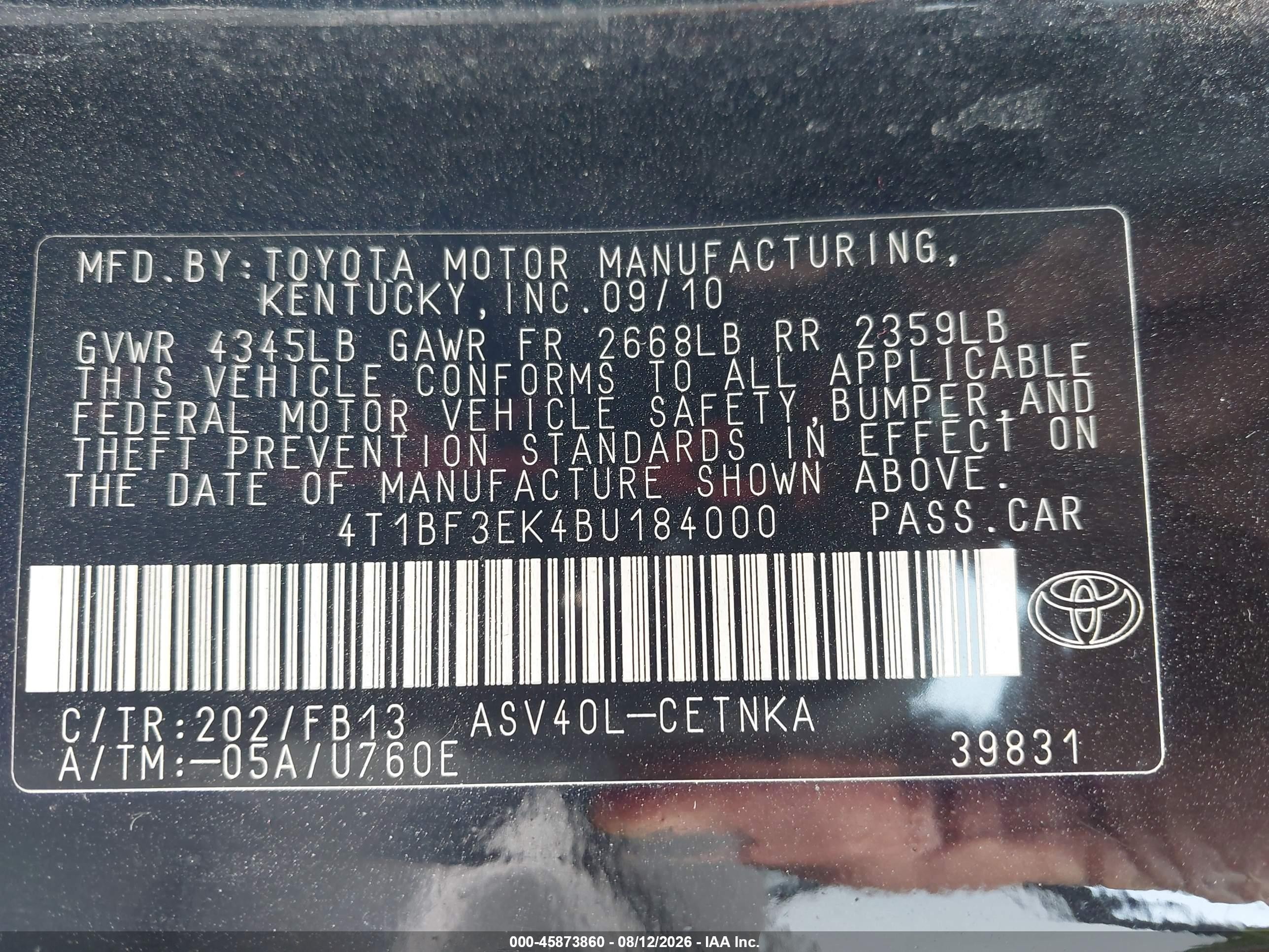 2011 Toyota Camry Le Black vin: 4T1BF3EK4BU184000