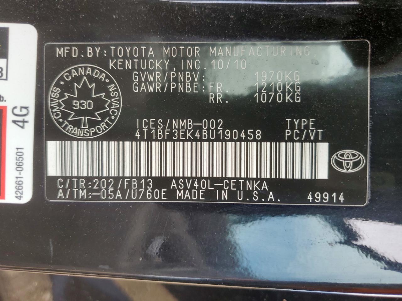 2011 Toyota Camry Base Black vin: 4T1BF3EK4BU190458