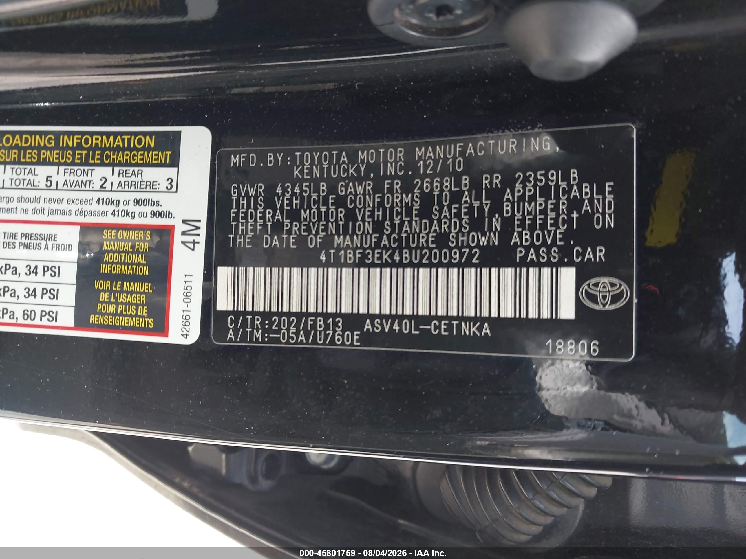 2011 Toyota Camry Black vin: 4T1BF3EK4BU200972