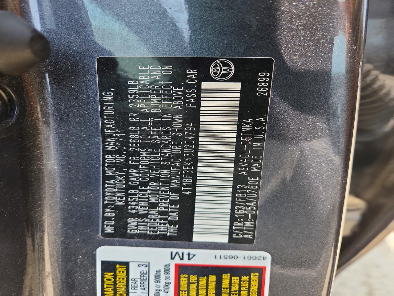2011 Toyota Camry Le Gray vin: 4T1BF3EK4BU204794