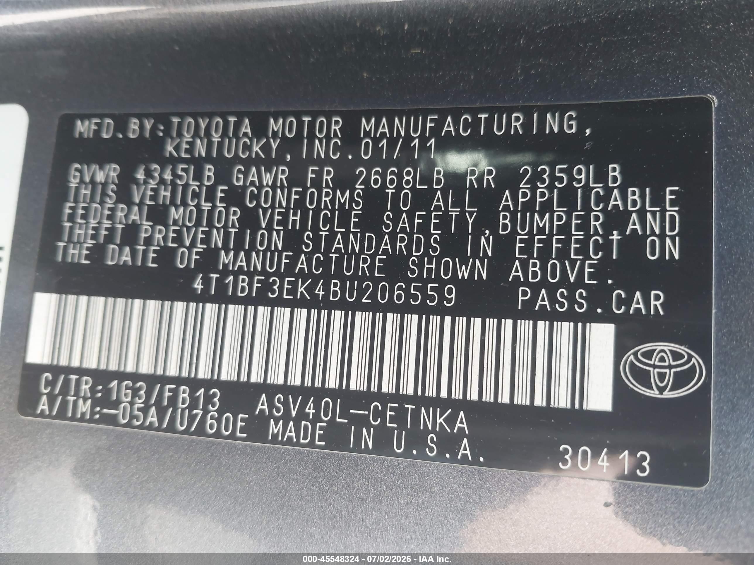 2011 Toyota Camry Le Gray vin: 4T1BF3EK4BU206559