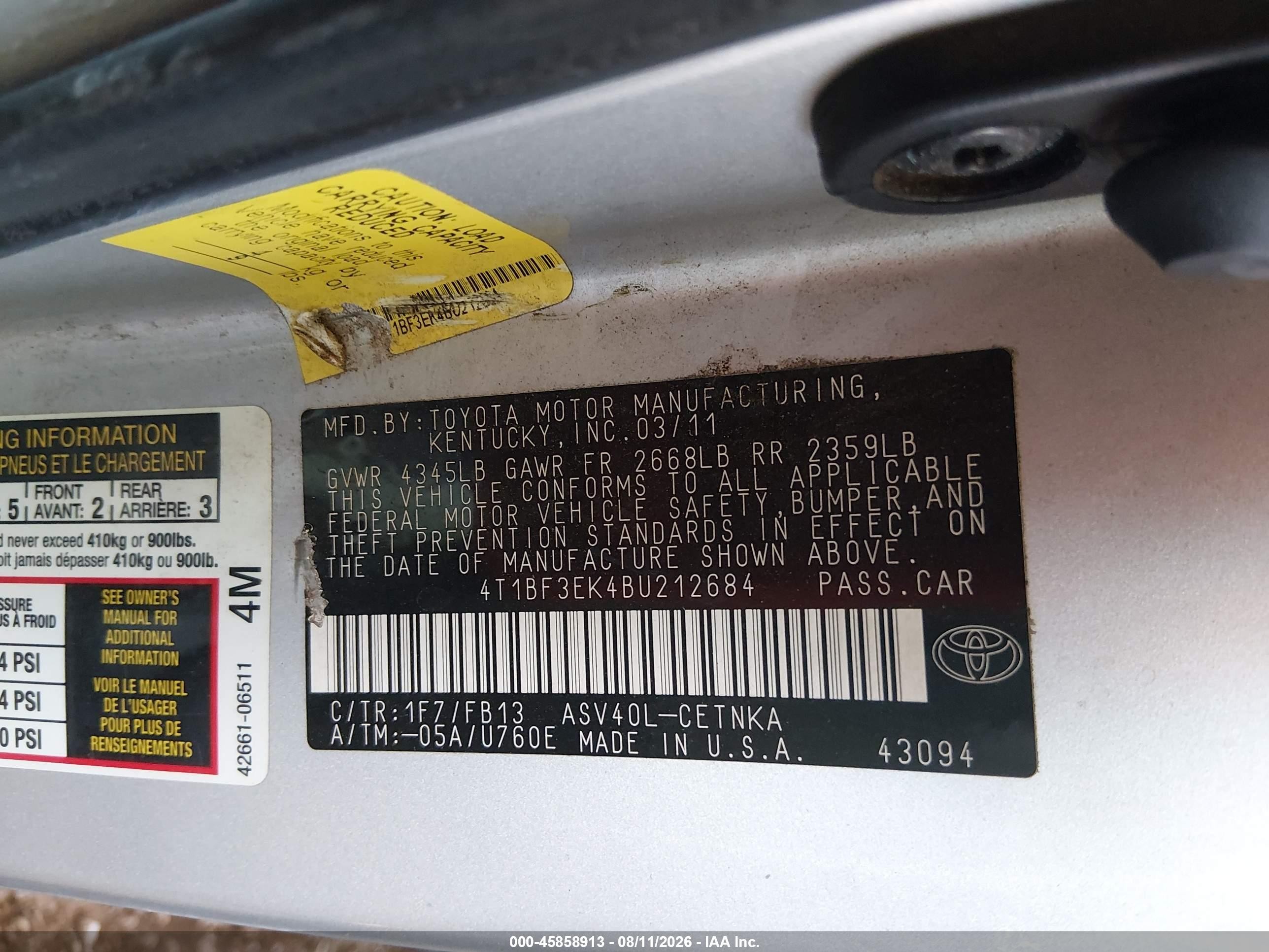 2011 Toyota Camry Le Silver vin: 4T1BF3EK4BU212684