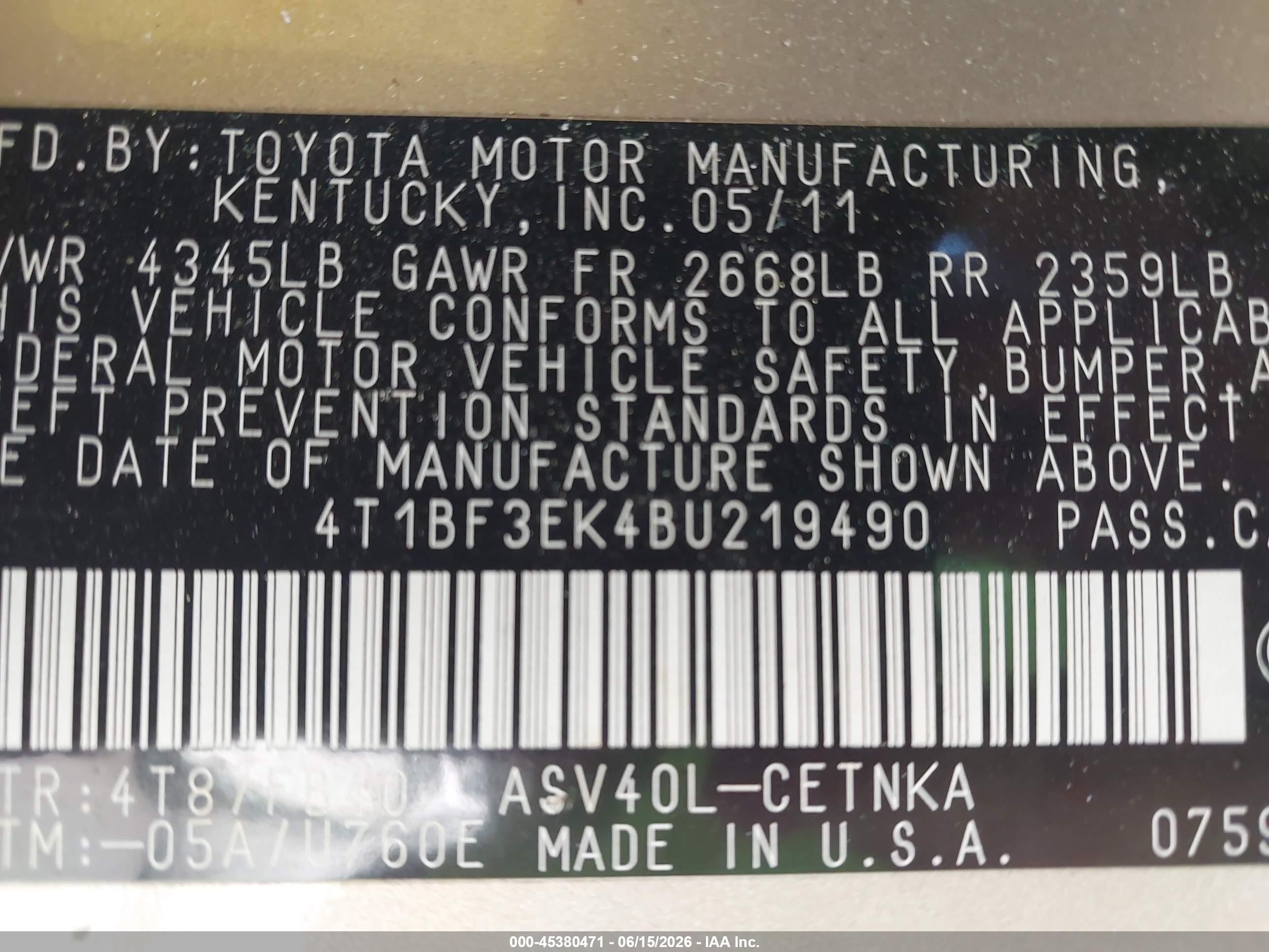 2011 Toyota Camry Le Gold vin: 4T1BF3EK4BU219490