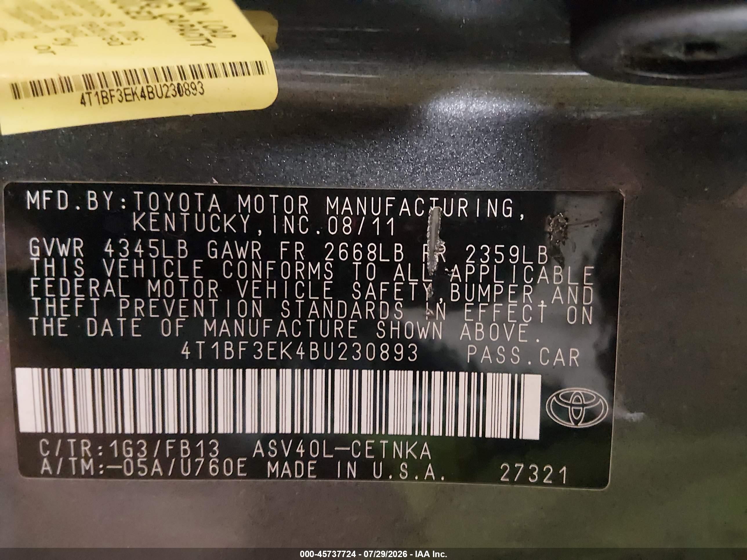 2011 Toyota Camry Le Gray vin: 4T1BF3EK4BU230893