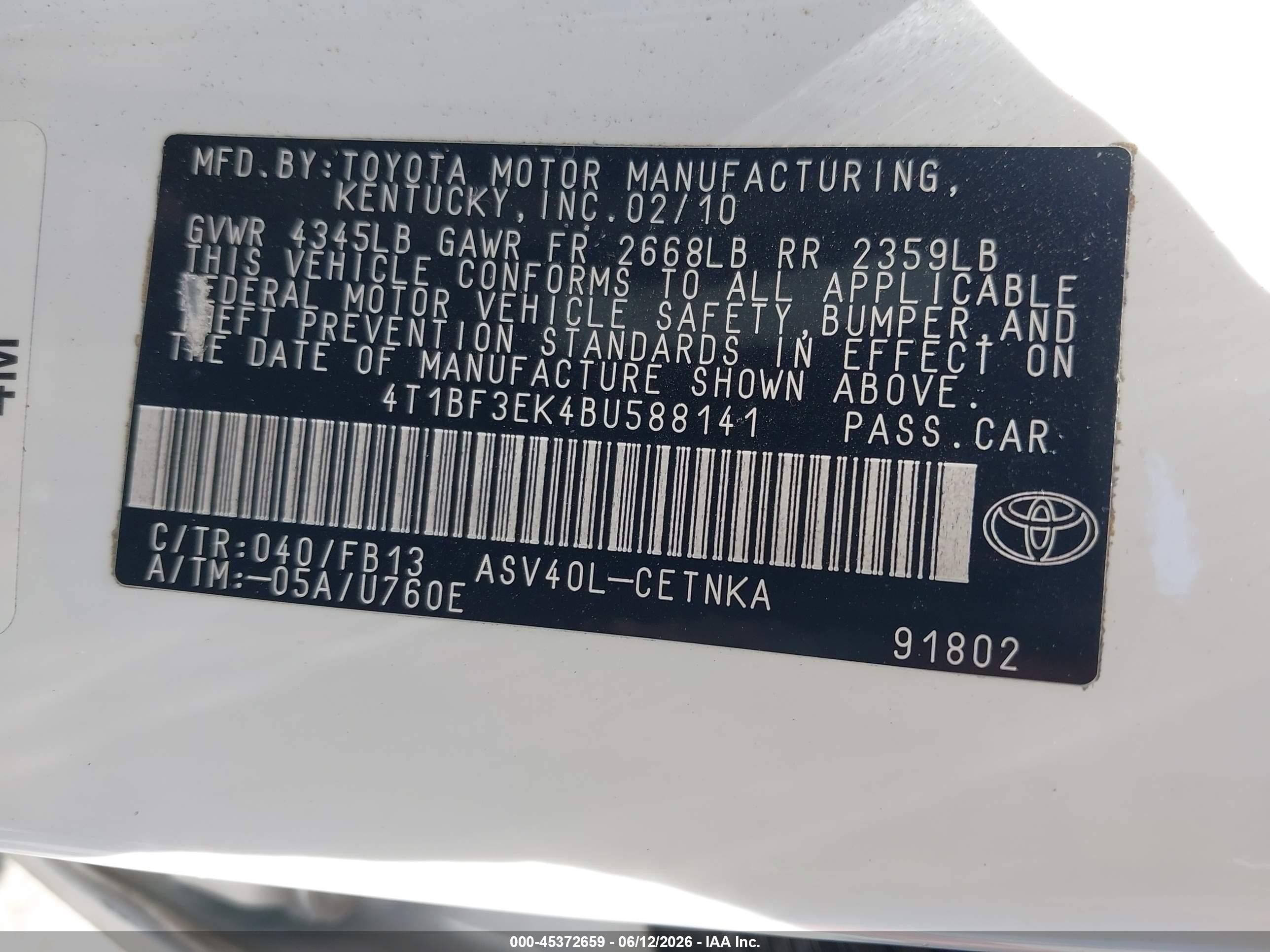2011 Toyota Camry Le White vin: 4T1BF3EK4BU588141