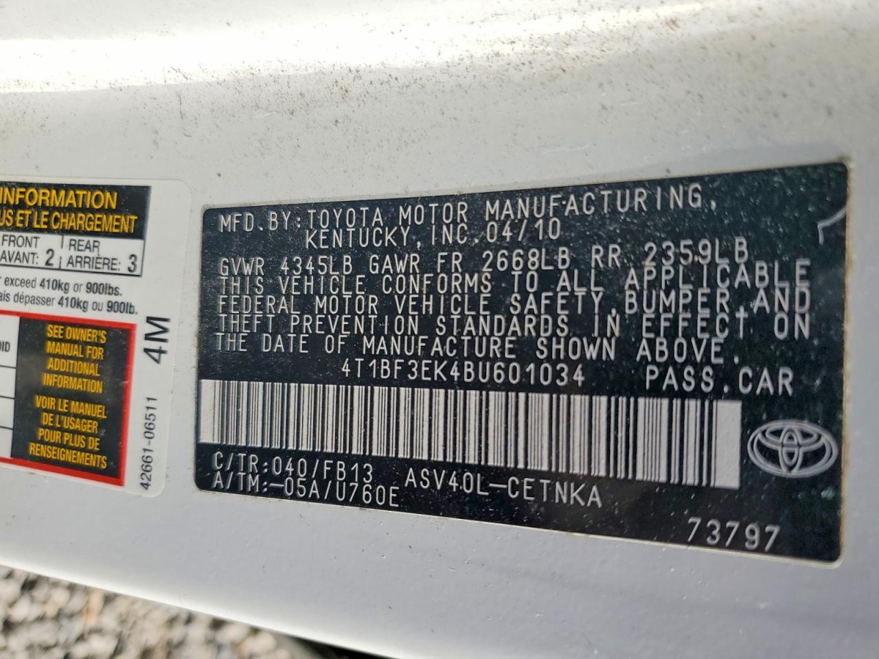 2011 Toyota Camry Le White vin: 4T1BF3EK4BU601034