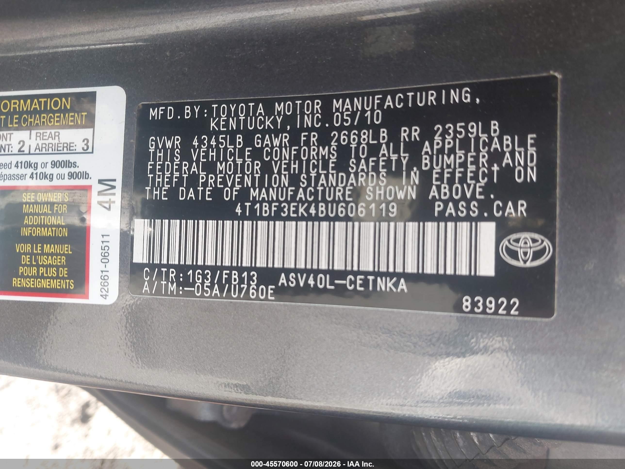 2011 Toyota Camry Le Gray vin: 4T1BF3EK4BU606119