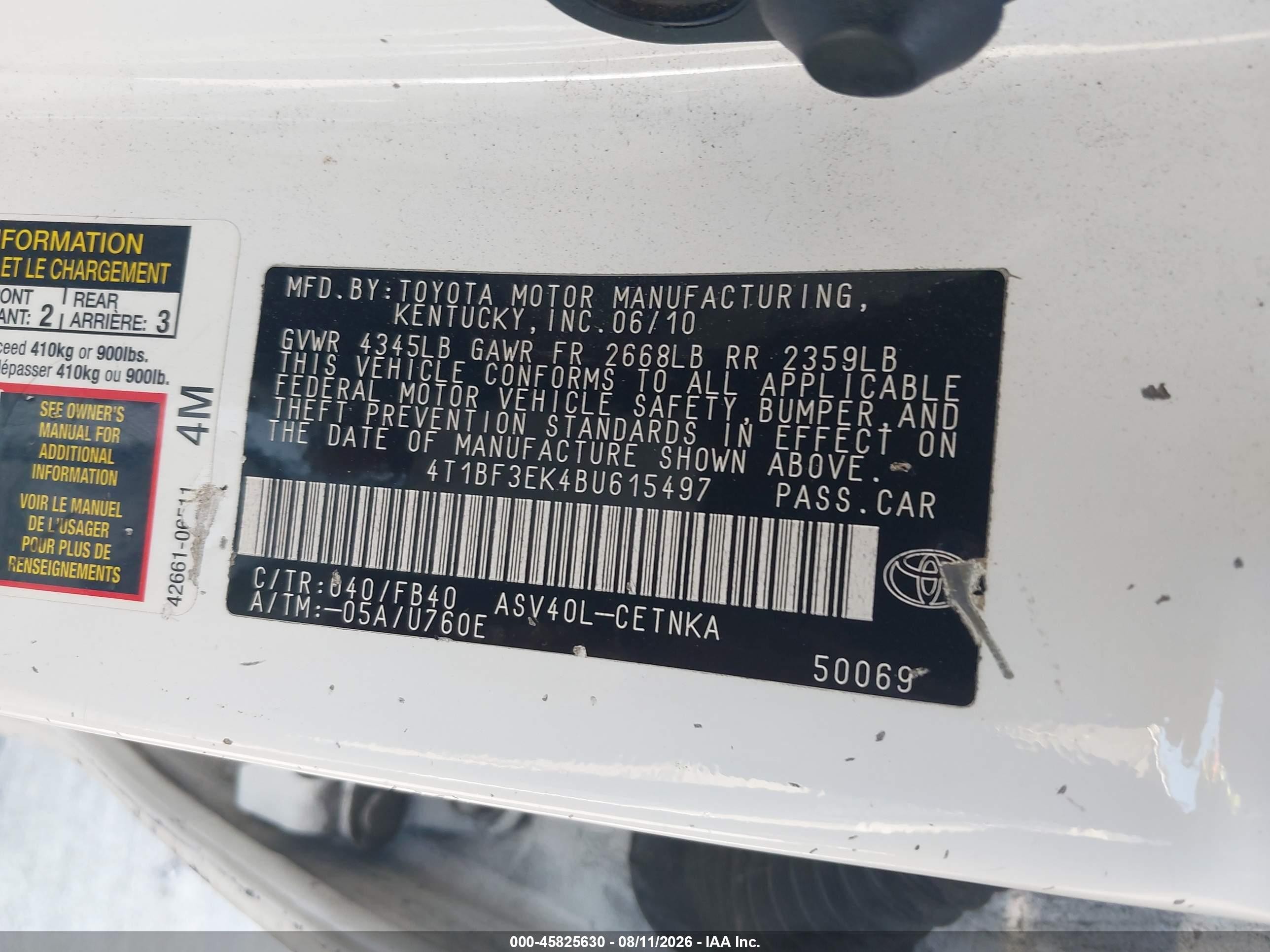 2011 Toyota Camry Le White vin: 4T1BF3EK4BU615497