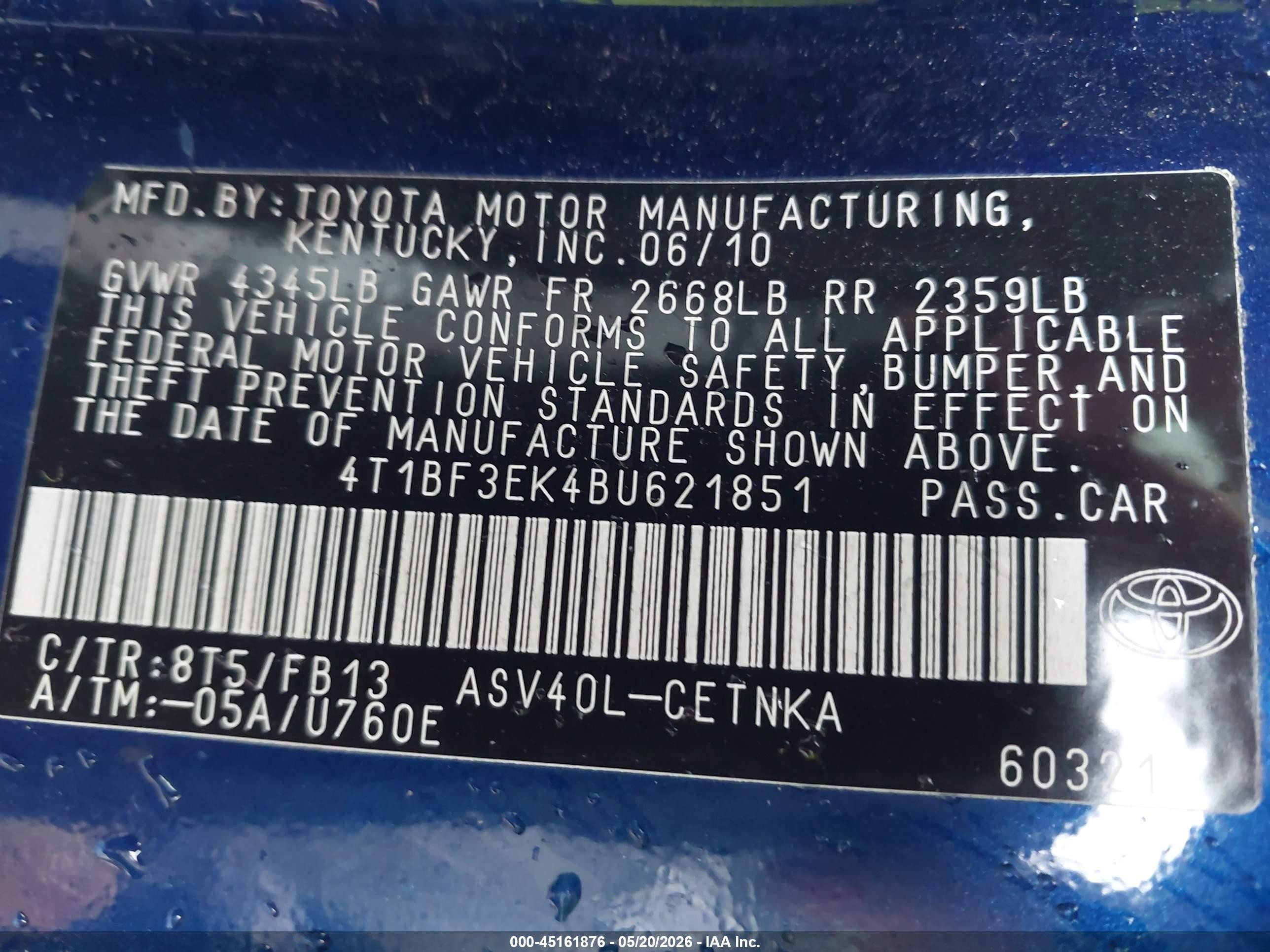 2011 Toyota Camry Le Blue vin: 4T1BF3EK4BU621851