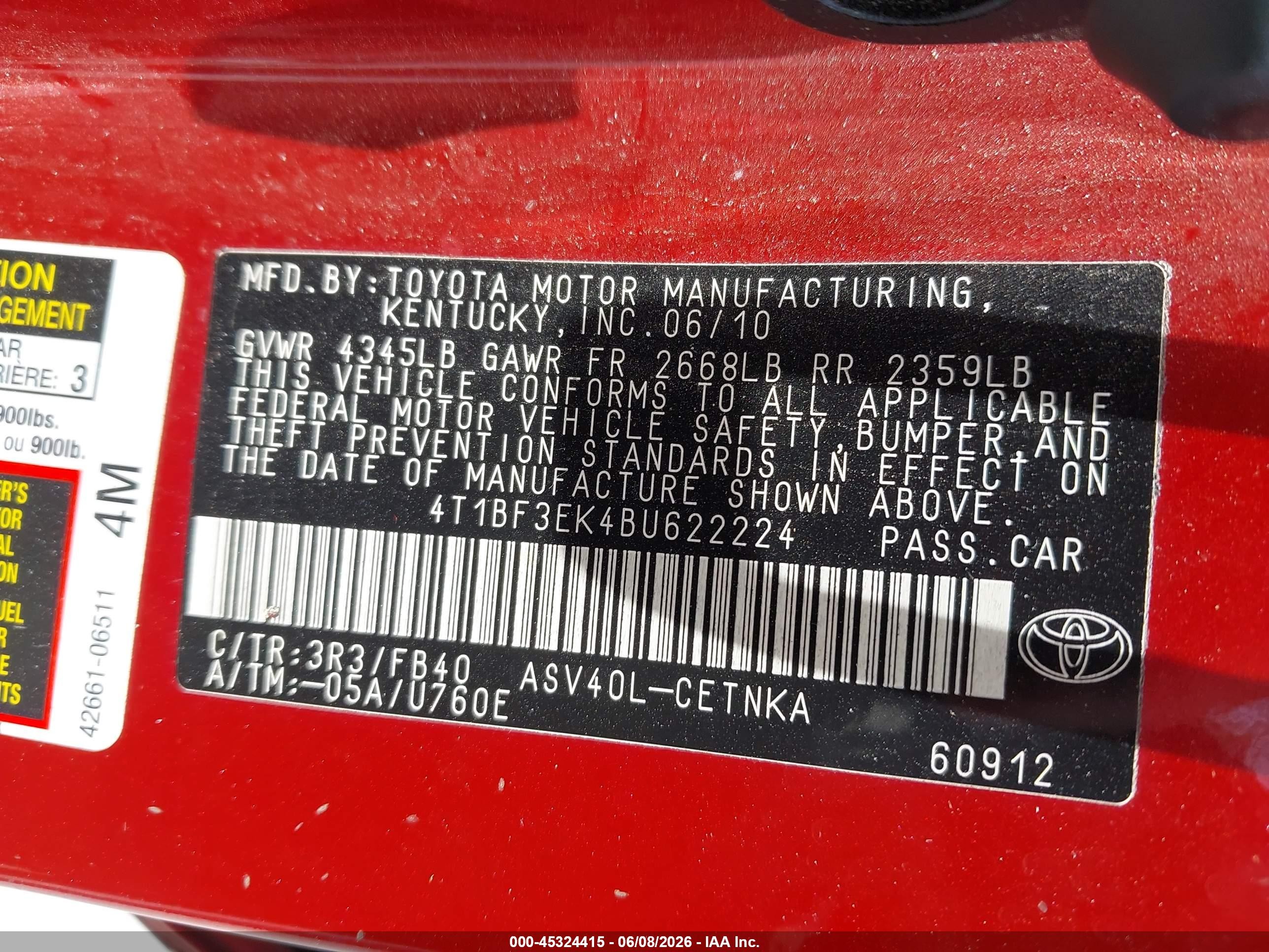 2011 Toyota Camry Le Red vin: 4T1BF3EK4BU622224