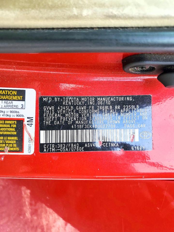 2011 Toyota Camry Le Red vin: 4T1BF3EK4BU622708