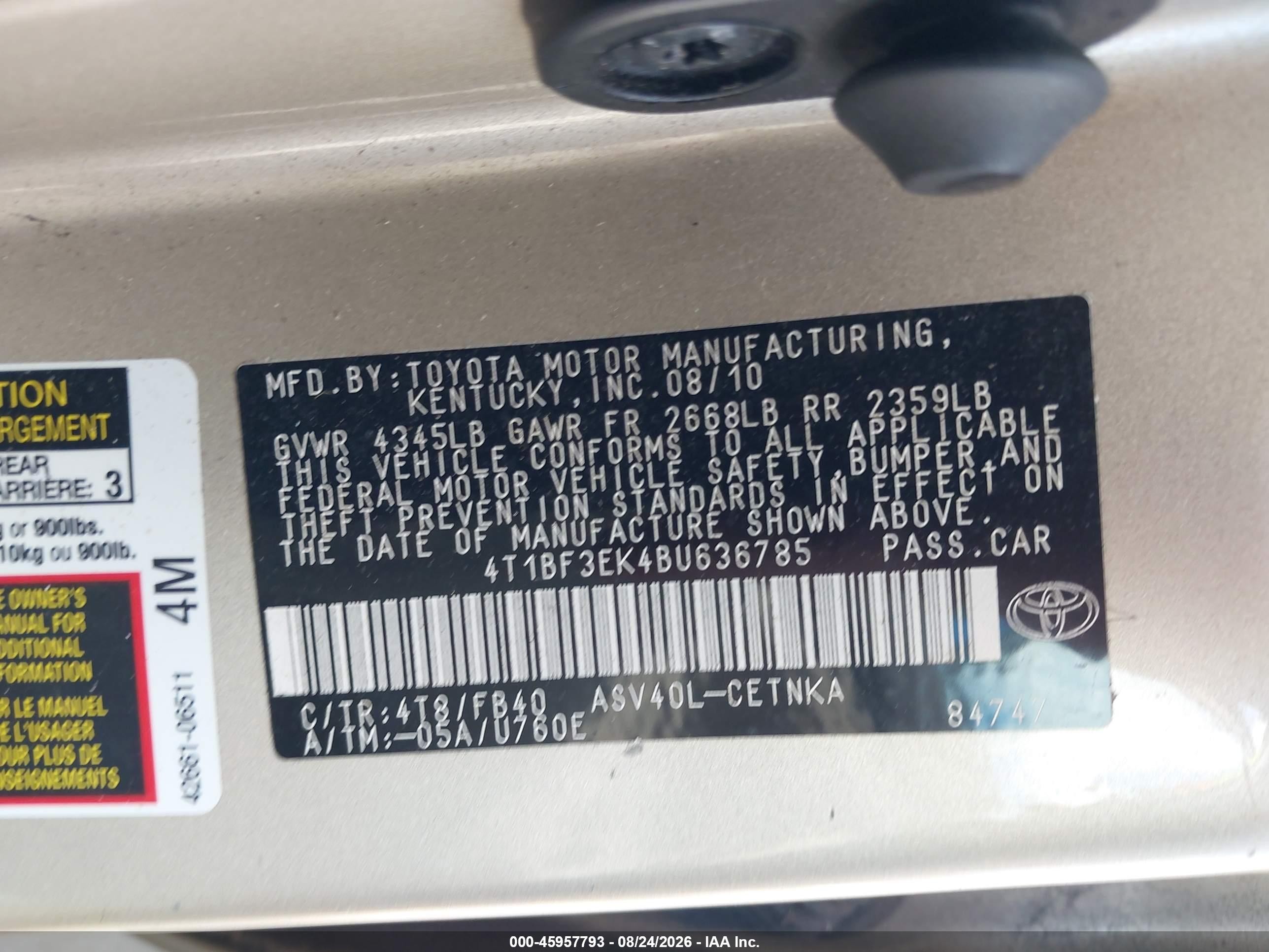 2011 Toyota Camry Le Gold vin: 4T1BF3EK4BU636785