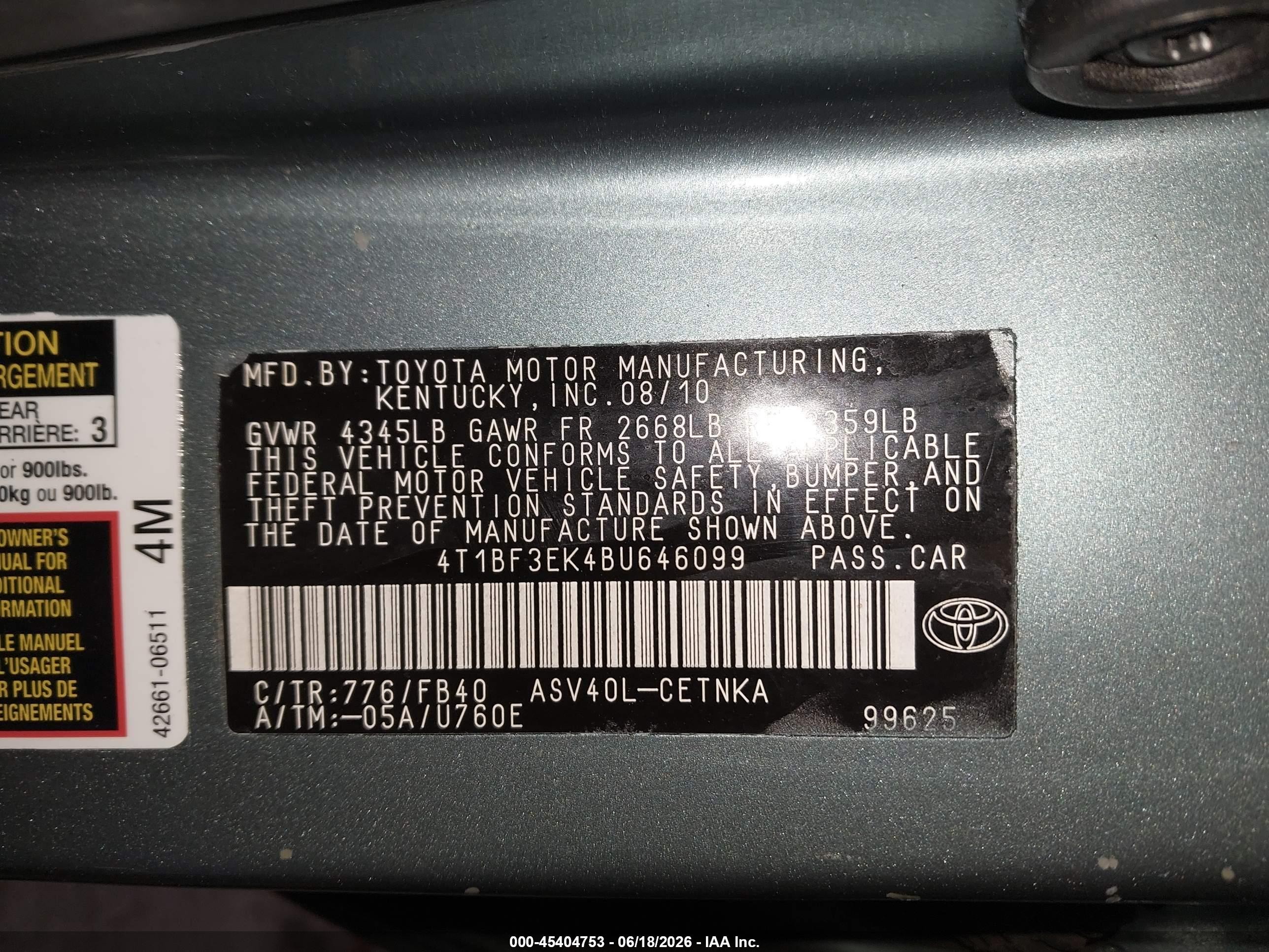 2011 Toyota Camry Le Blue vin: 4T1BF3EK4BU646099