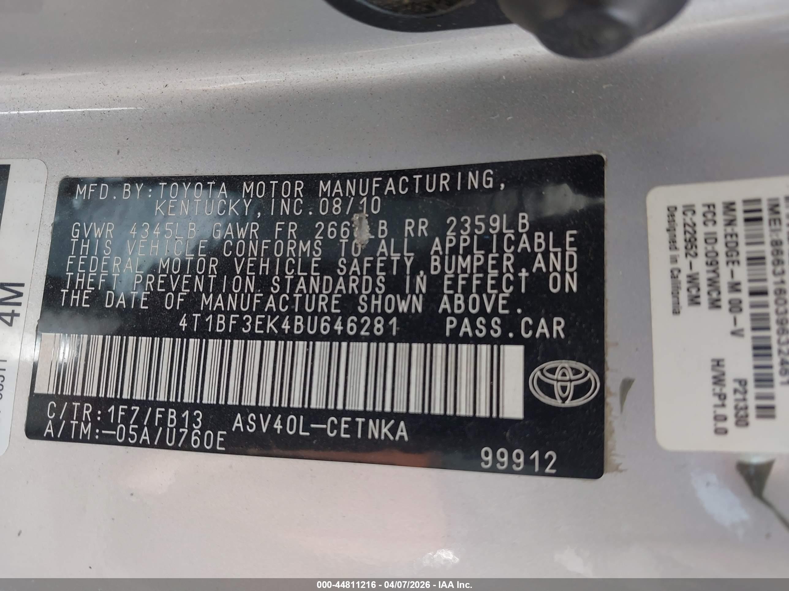 2011 Toyota Camry Le Silver vin: 4T1BF3EK4BU646281