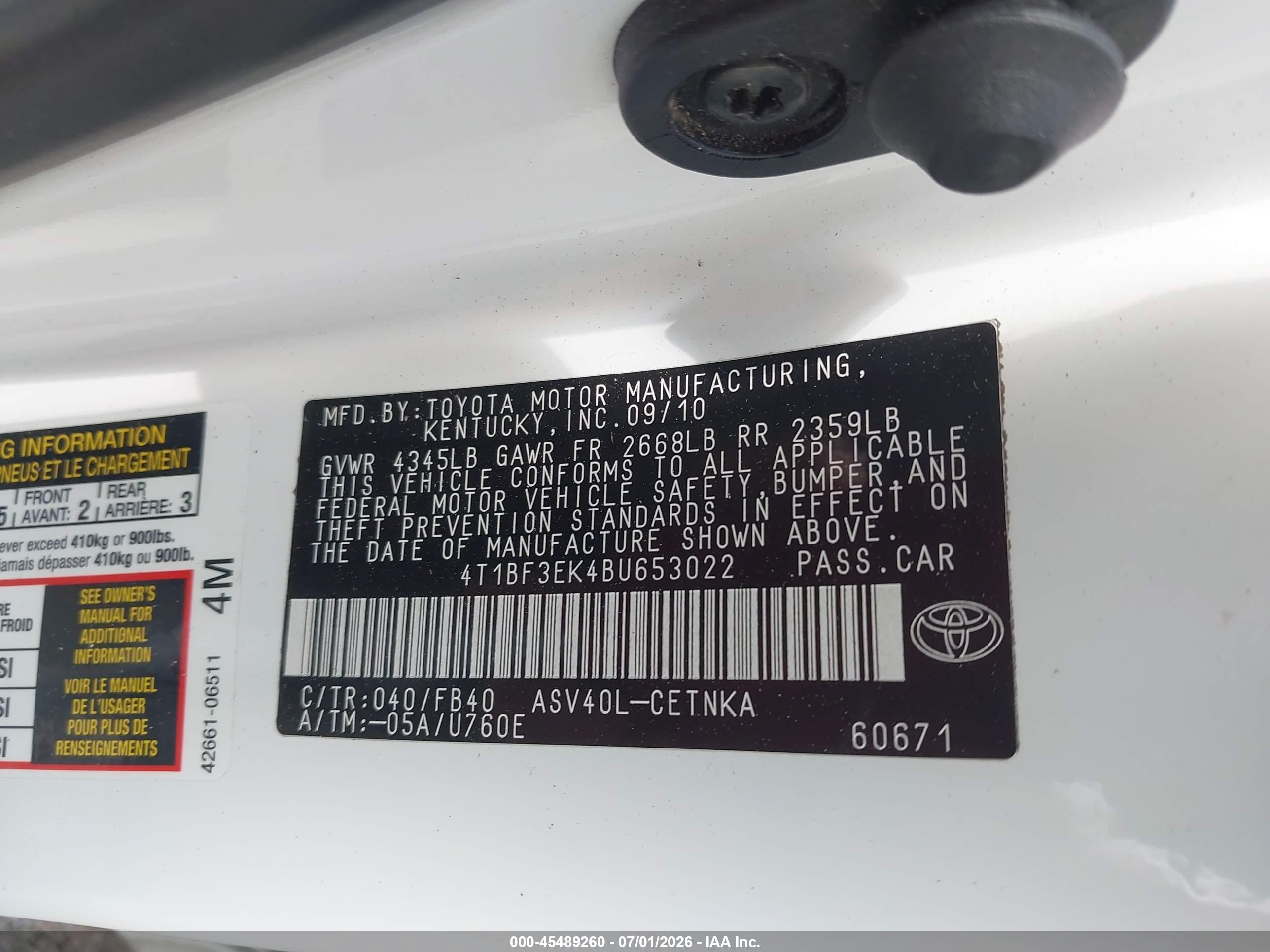 2011 Toyota Camry Le White vin: 4T1BF3EK4BU653022