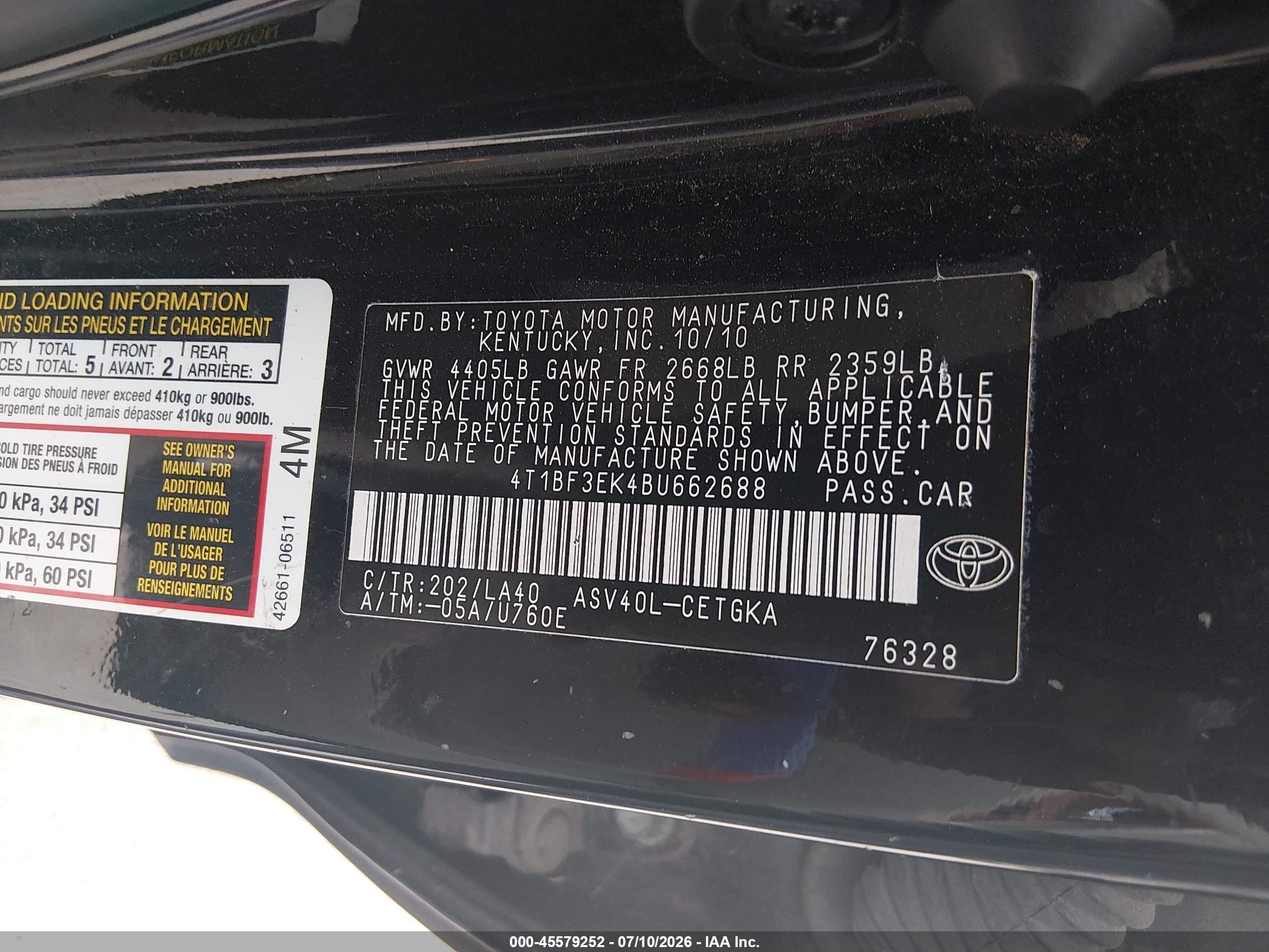 2011 Toyota Camry Xle Black vin: 4T1BF3EK4BU662688