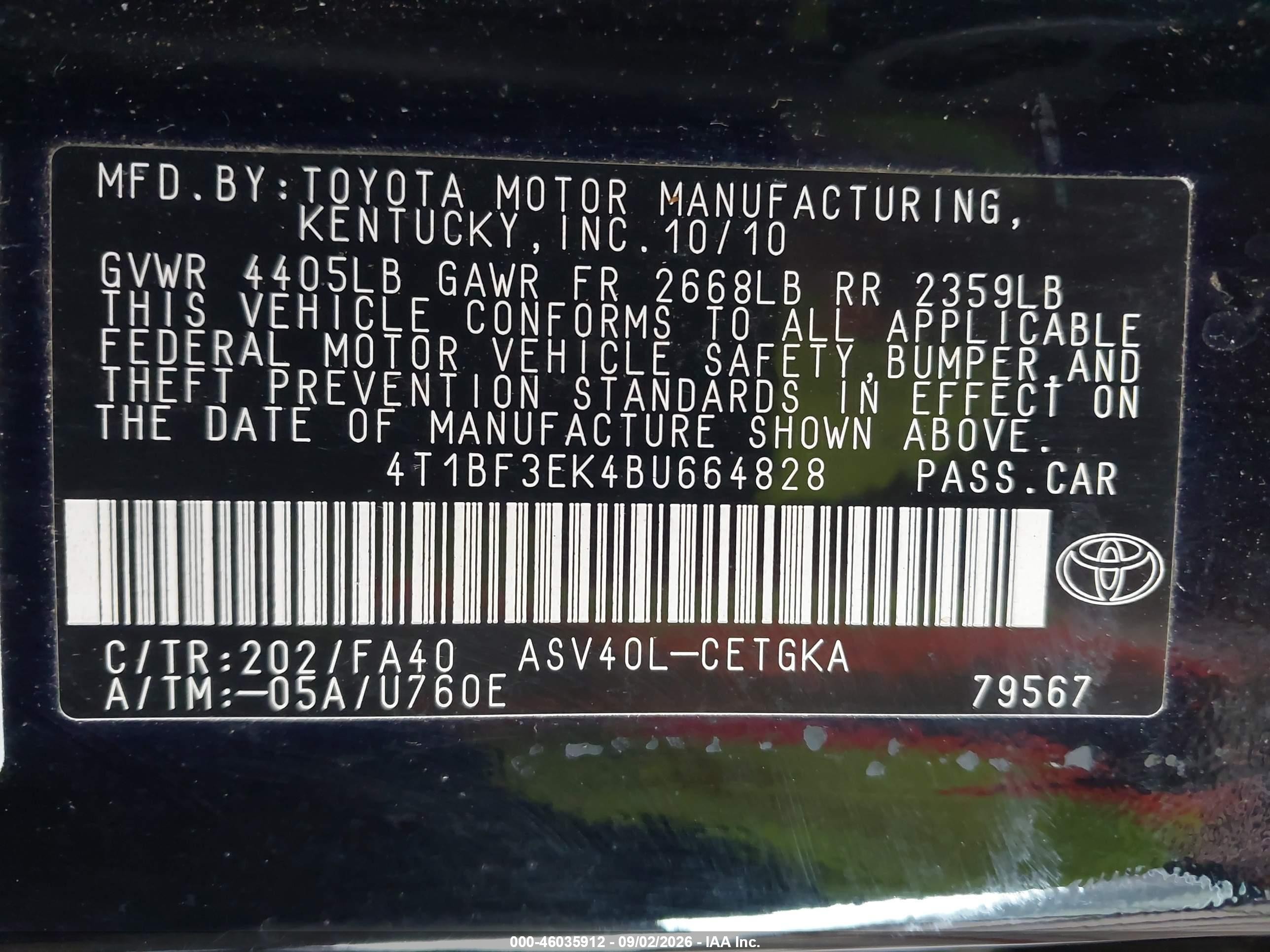 2011 Toyota Camry Xle Black vin: 4T1BF3EK4BU664828