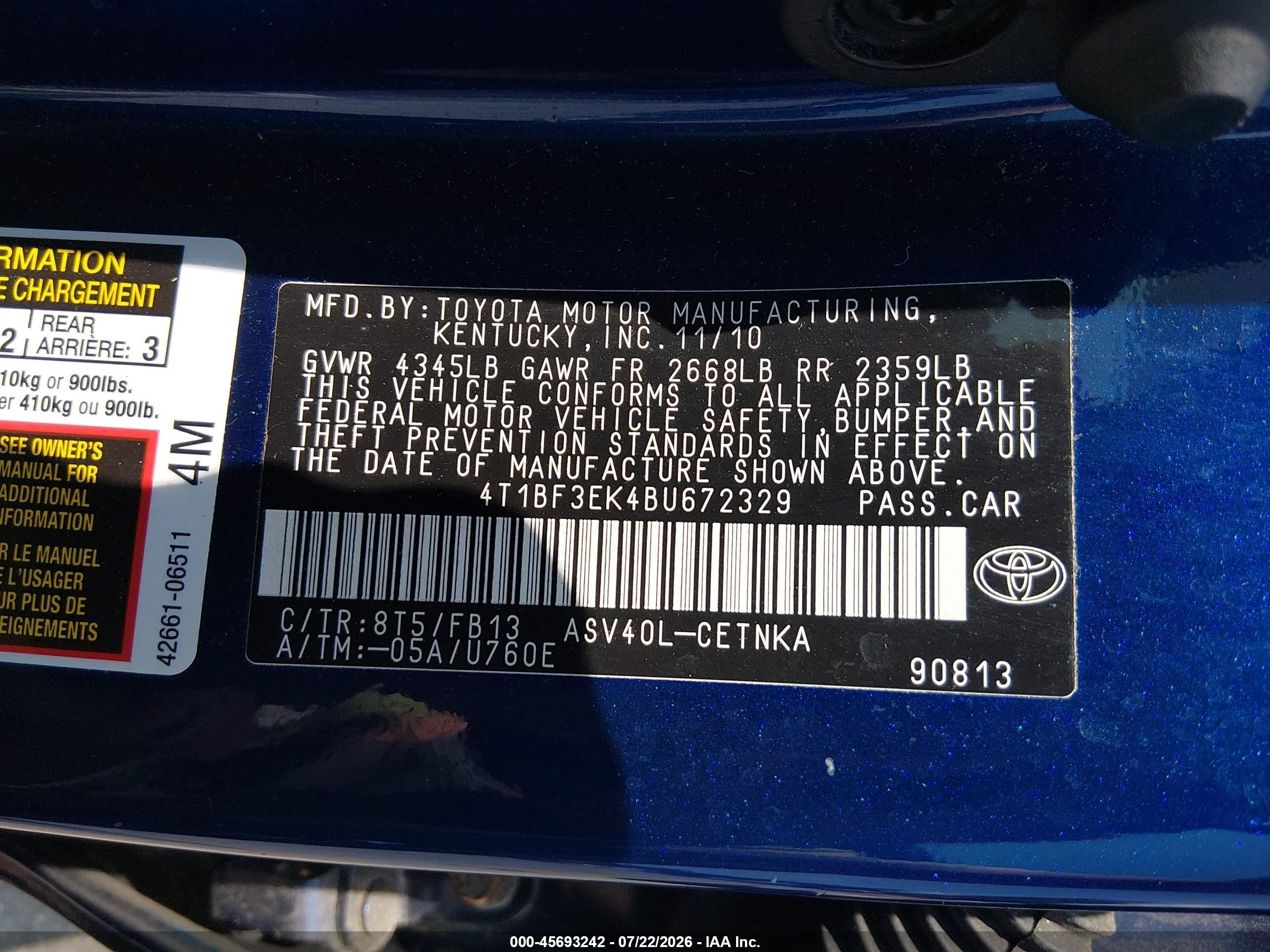 2011 Toyota Camry Le Blue vin: 4T1BF3EK4BU672329