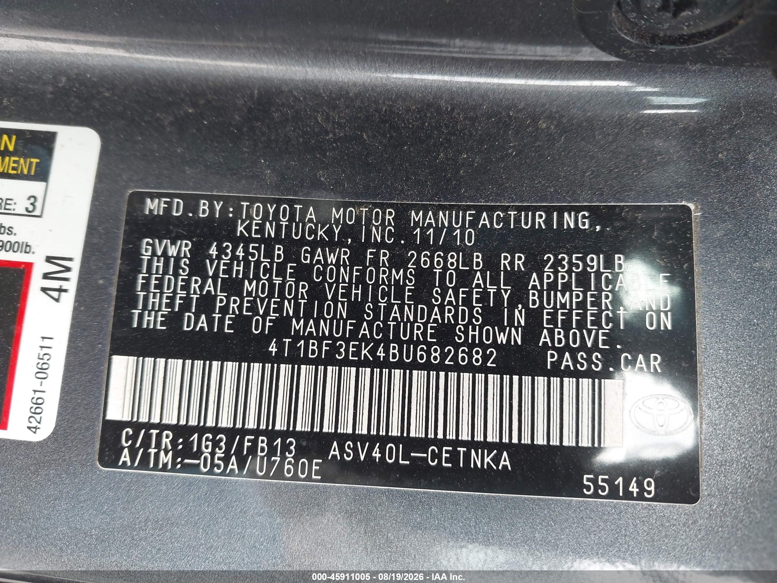 2011 Toyota Camry Le Gray vin: 4T1BF3EK4BU682682