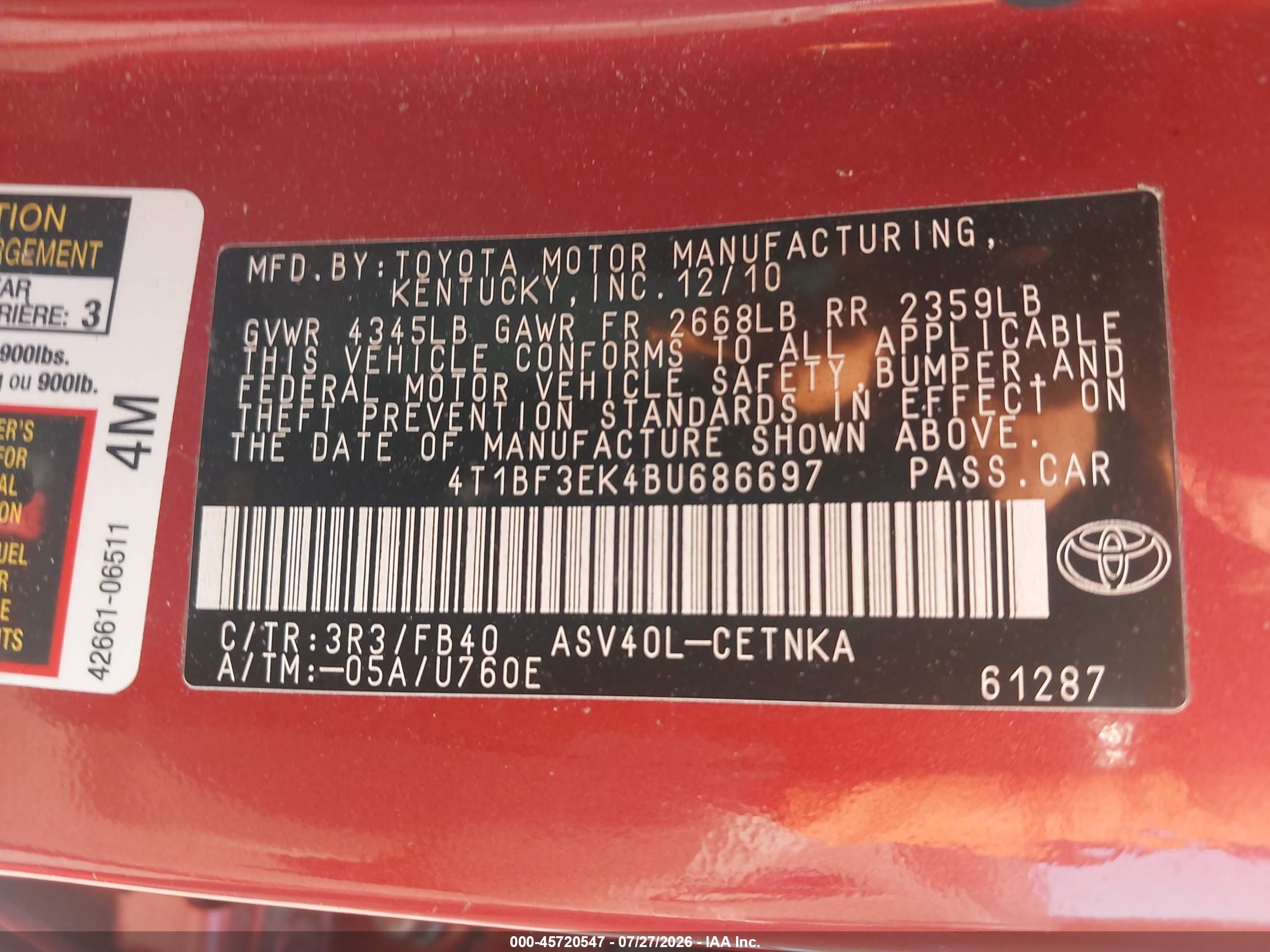 2011 Toyota Camry Le Red vin: 4T1BF3EK4BU686697