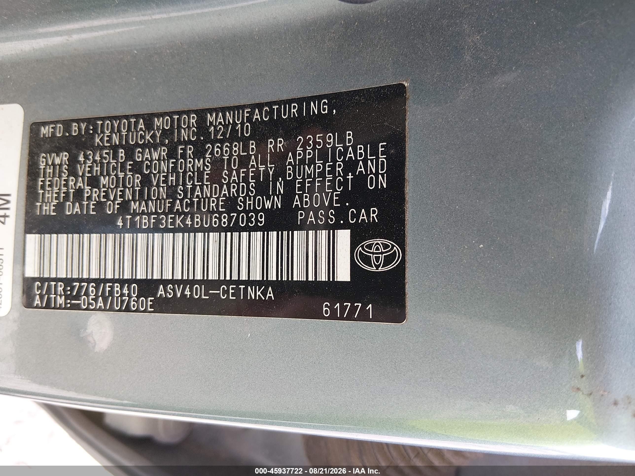 2011 Toyota Camry Le Light Blue vin: 4T1BF3EK4BU687039
