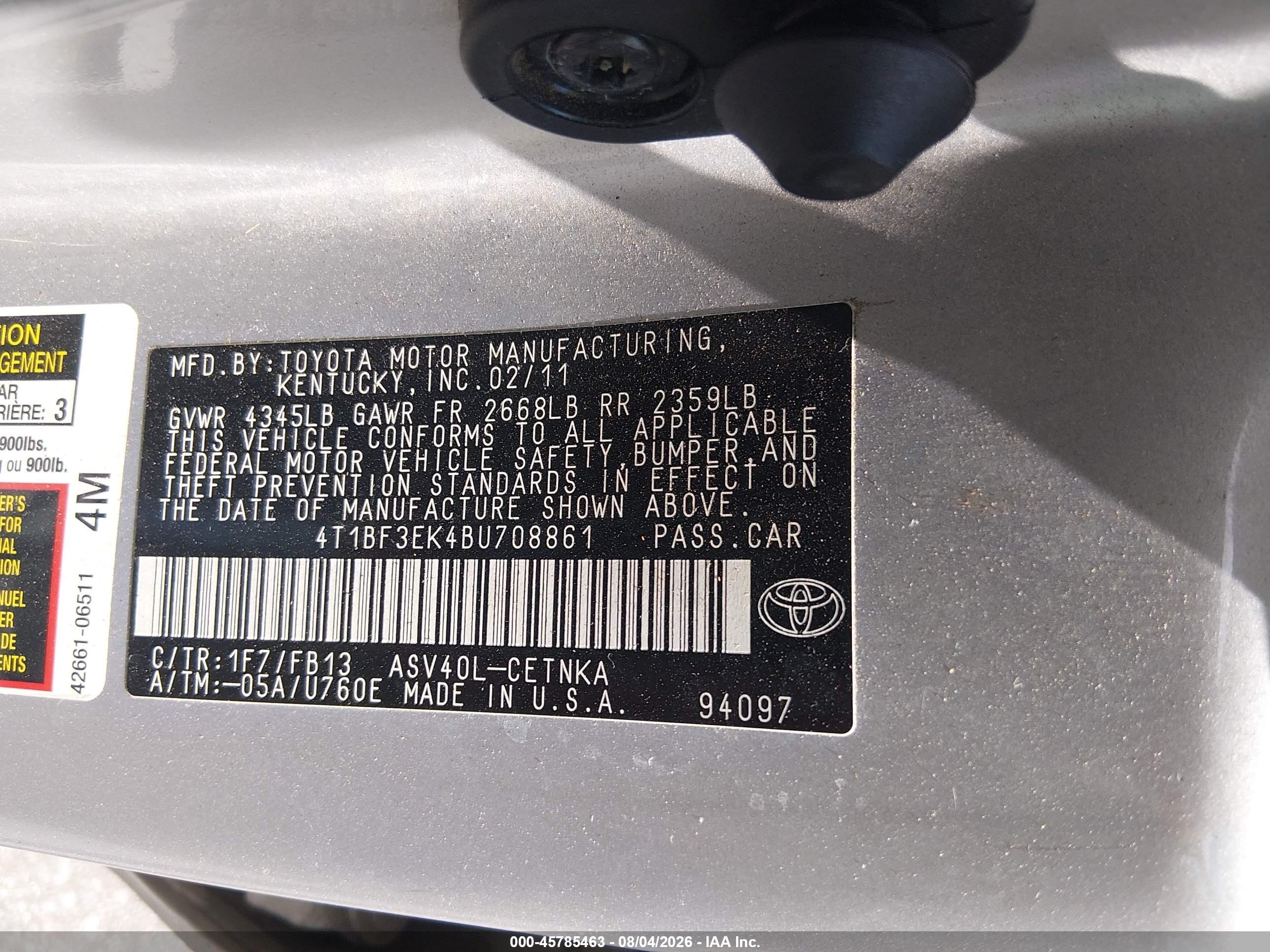 2011 Toyota Camry   Серебряный vin: 4T1BF3EK4BU708861