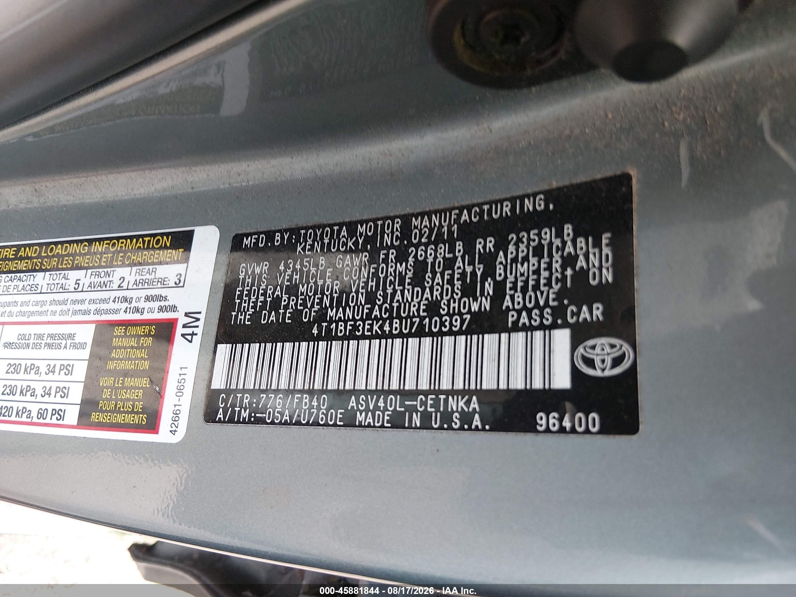 2011 Toyota Camry Le Зеленый vin: 4T1BF3EK4BU710397