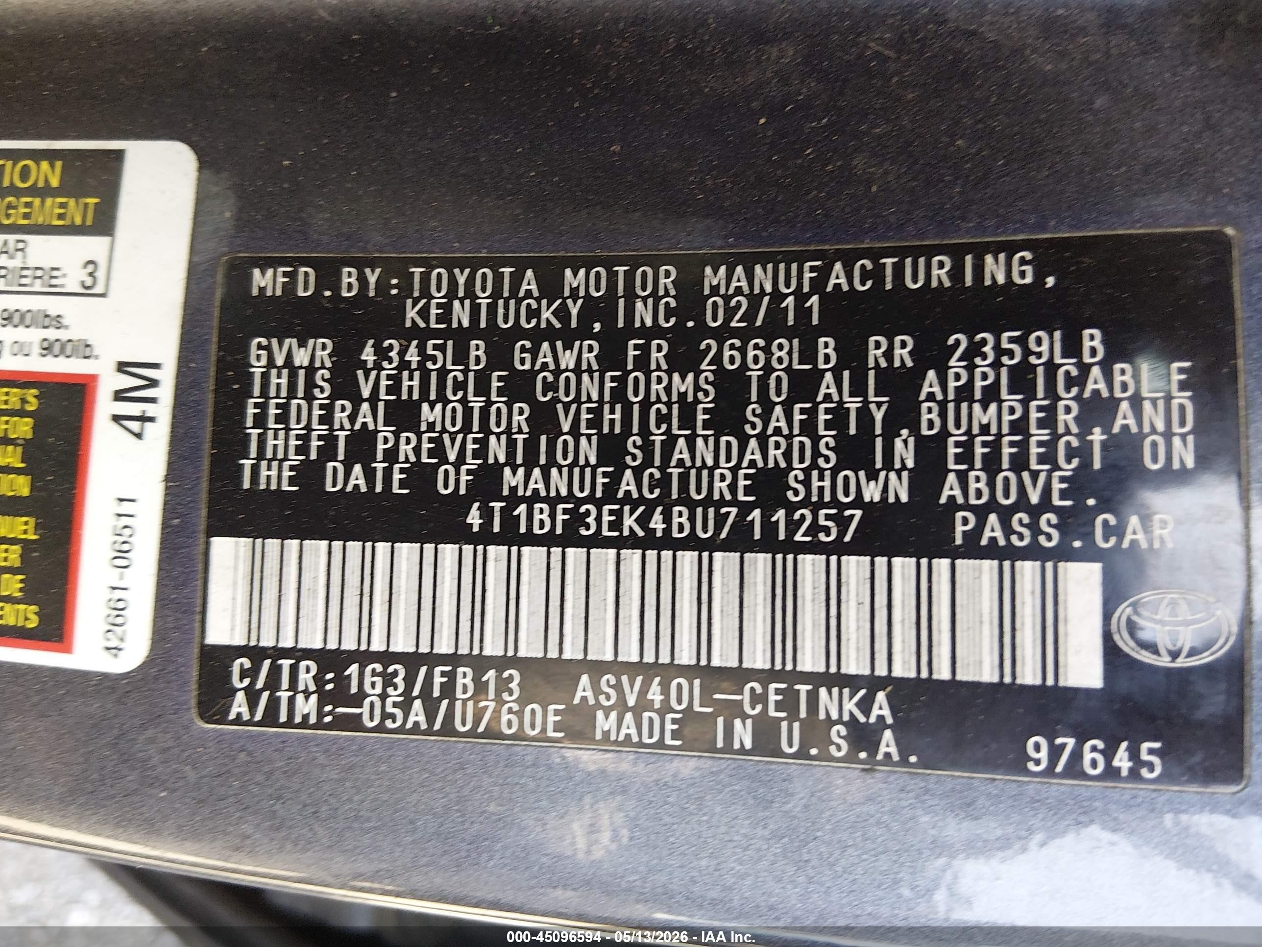2011 Toyota Camry Le Gray vin: 4T1BF3EK4BU711257