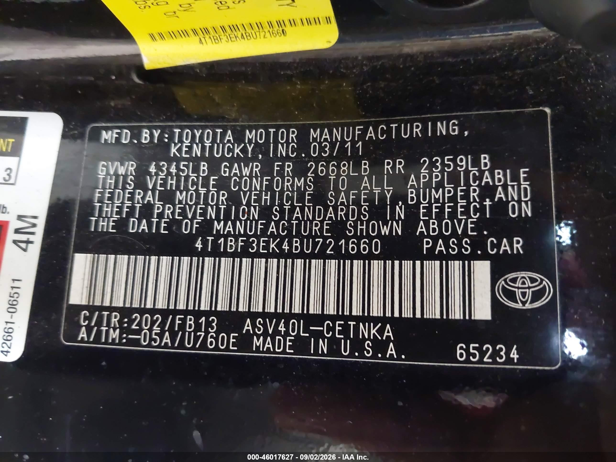 2011 Toyota Camry   Black vin: 4T1BF3EK4BU721660