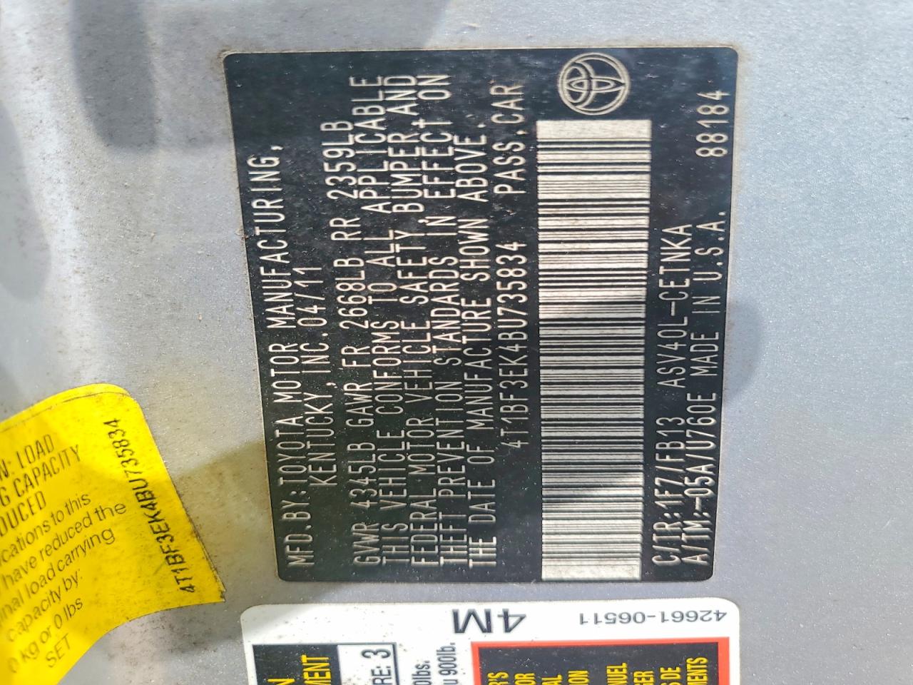 2011 Toyota Camry Le Серебряный vin: 4T1BF3EK4BU735834