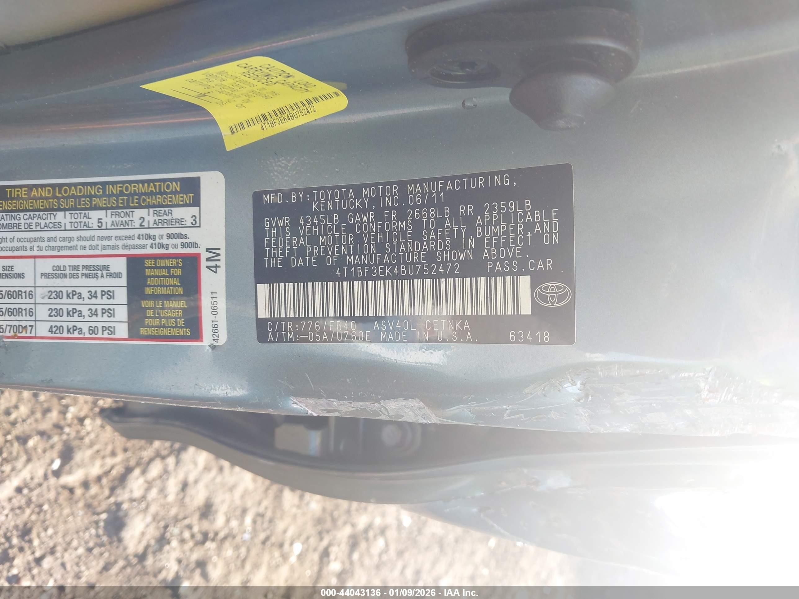 2011 Toyota Camry Le Light Blue vin: 4T1BF3EK4BU752472