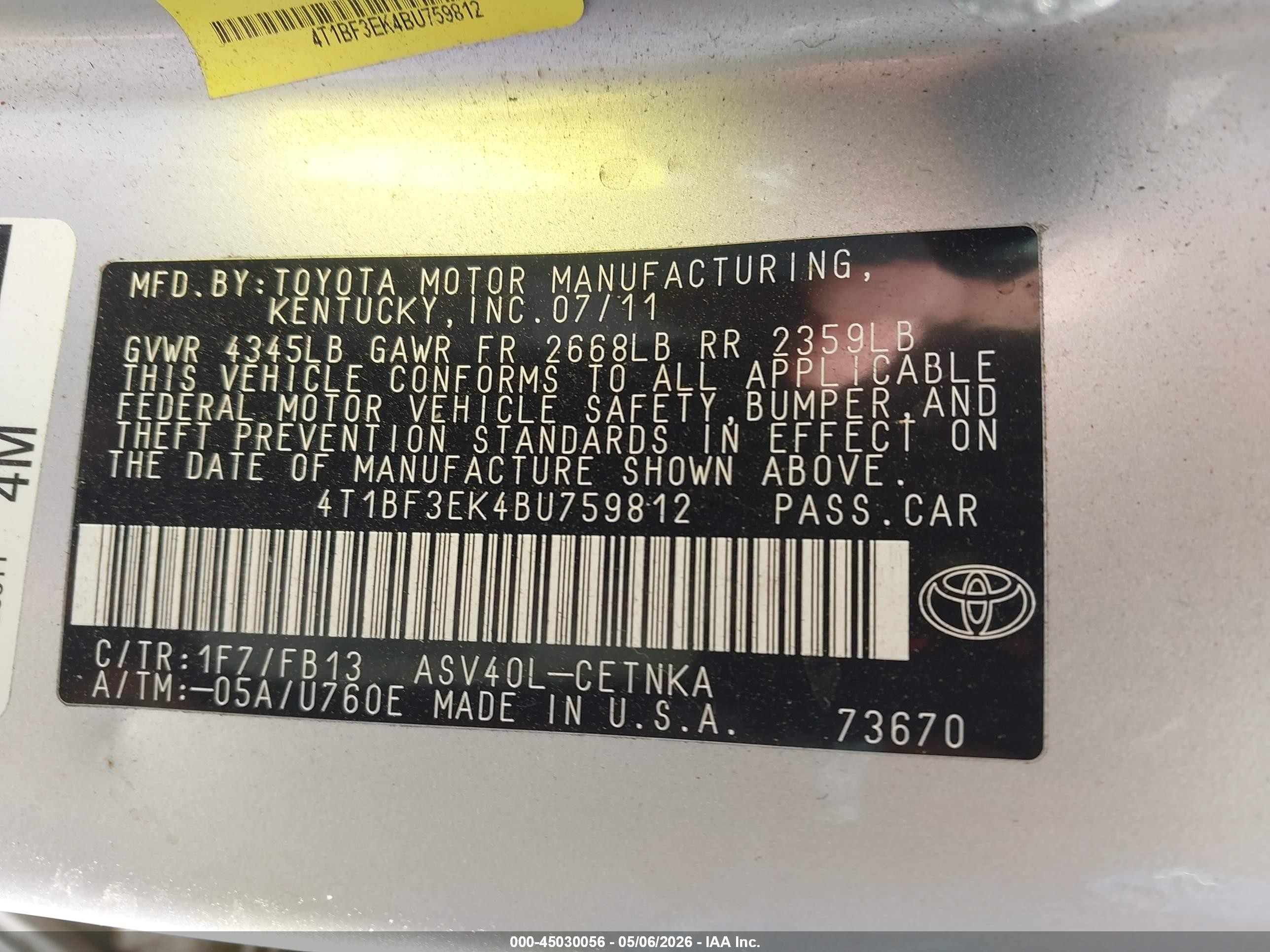 2011 Toyota Camry Le Silver vin: 4T1BF3EK4BU759812