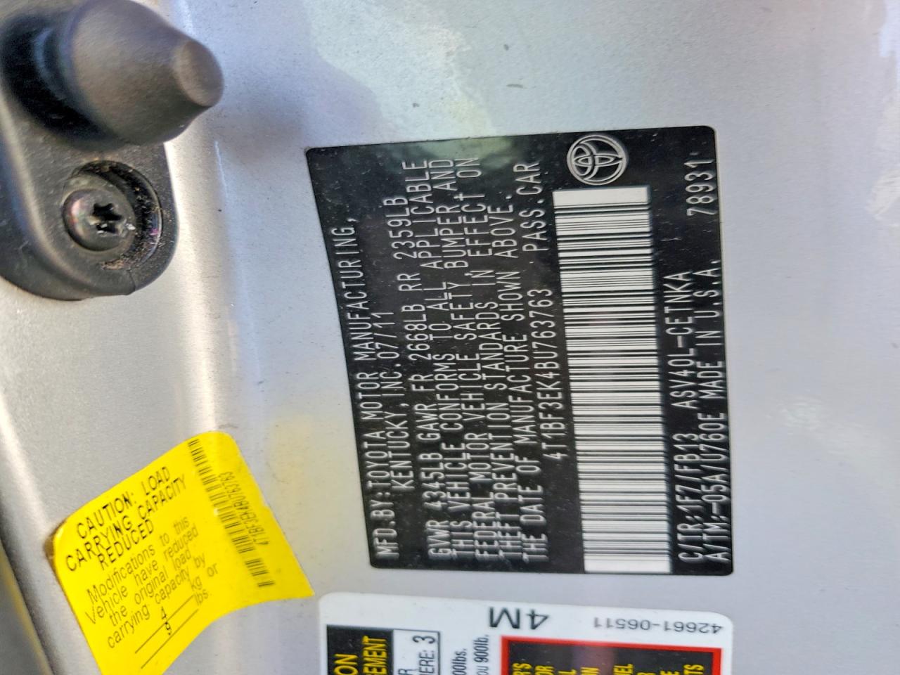 2011 Toyota Camry Le Silver vin: 4T1BF3EK4BU763763