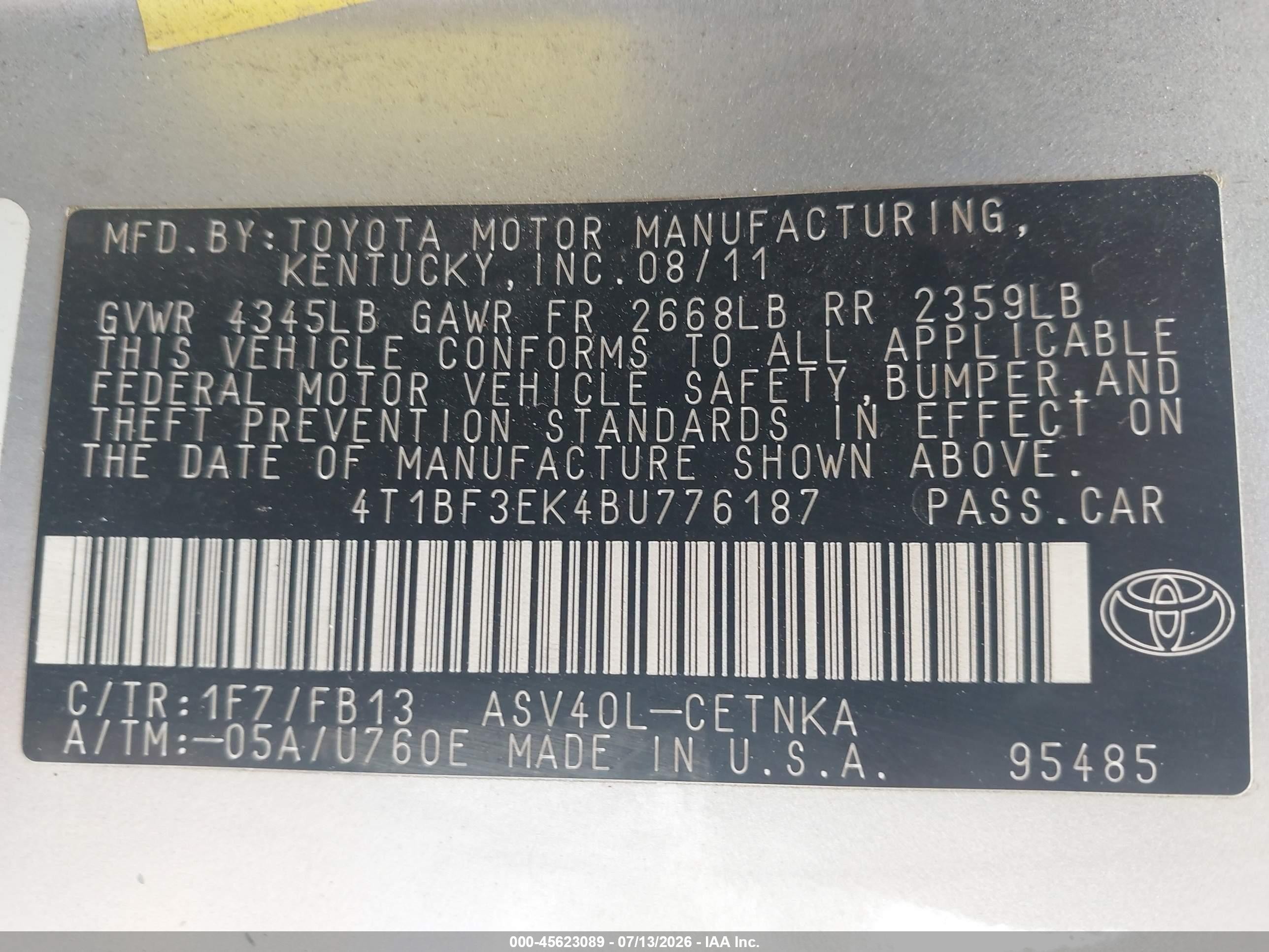 2011 Toyota Camry Le Silver vin: 4T1BF3EK4BU776187